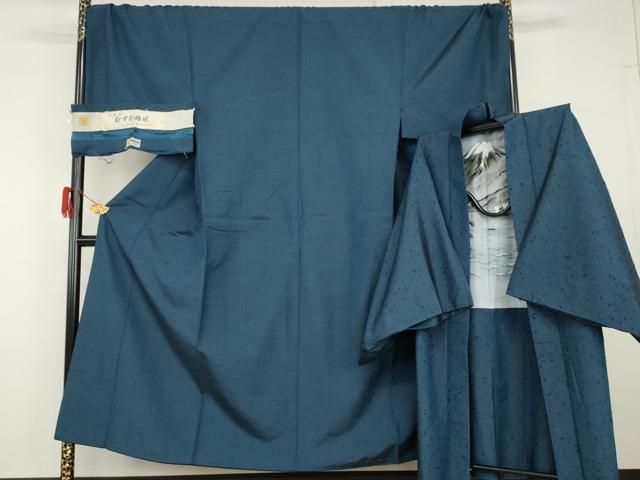 平和屋着物●男性　結び結城　アンサンブル　色無地　瑠璃紺色　証紙付き　キングサイズ　正絹　逸品　AABG9947cs