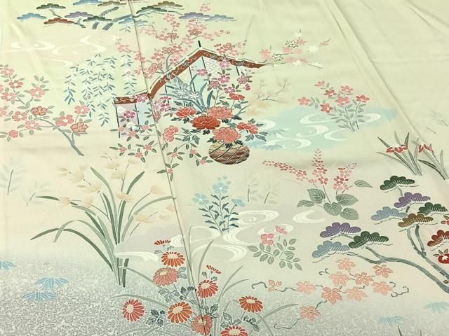 平和屋着物▽訪問着　単衣　流水飾花文　暈し染め　金彩　正絹　逸品　AABH5631jh 平和屋着物▽訪問着 単衣 流水飾花文 暈し染め 金彩 正絹 逸品