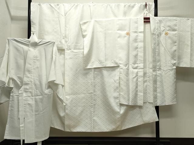 平和屋着物●男性　色紋付　羽織・長襦袢セット　菱花菱地紋　キングサイズ　洗える着物　CABD9276gh