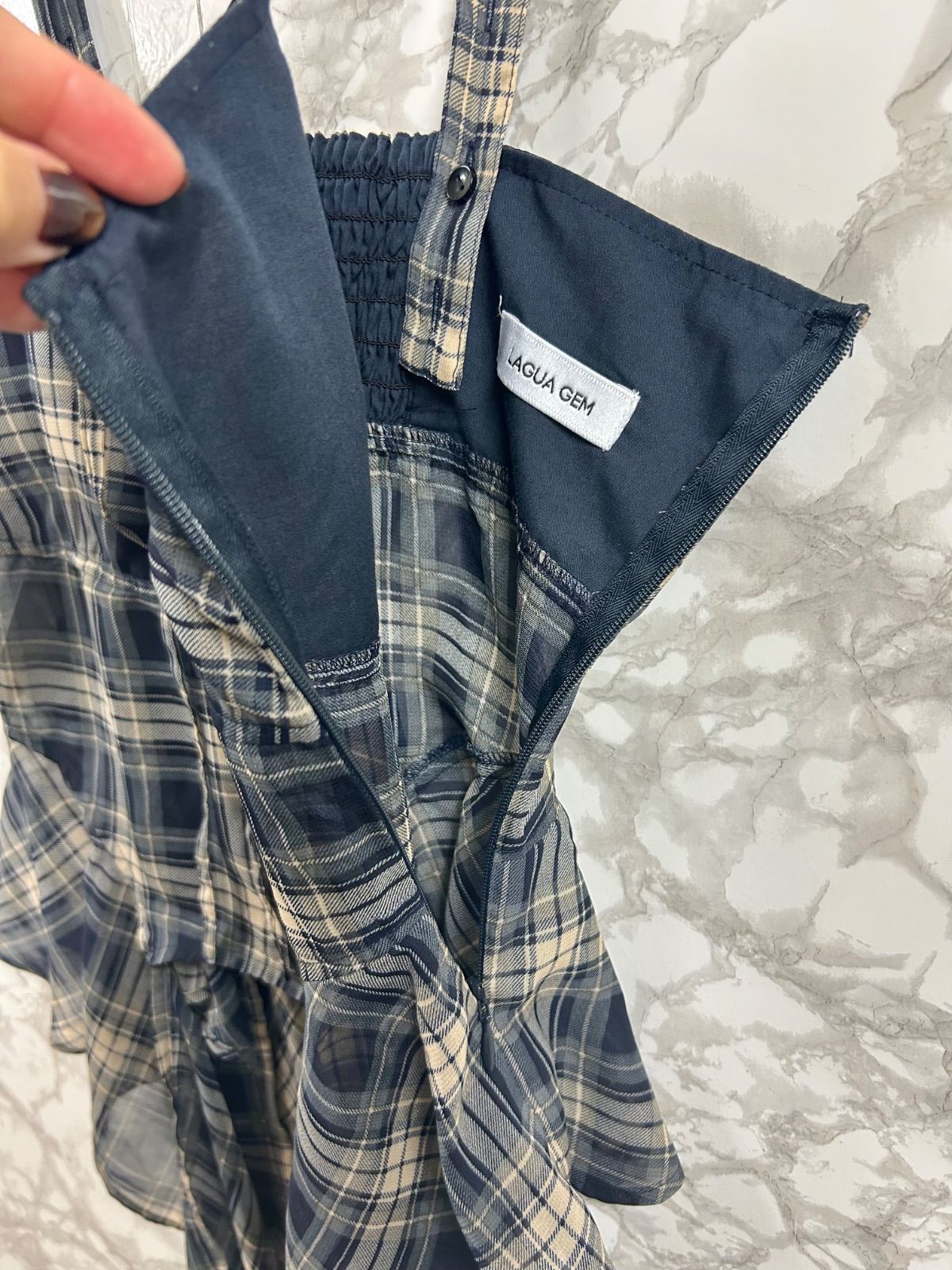 LAGUA GEM ラグアジェム HEM FLARE キャミトップス チェック ブルー系