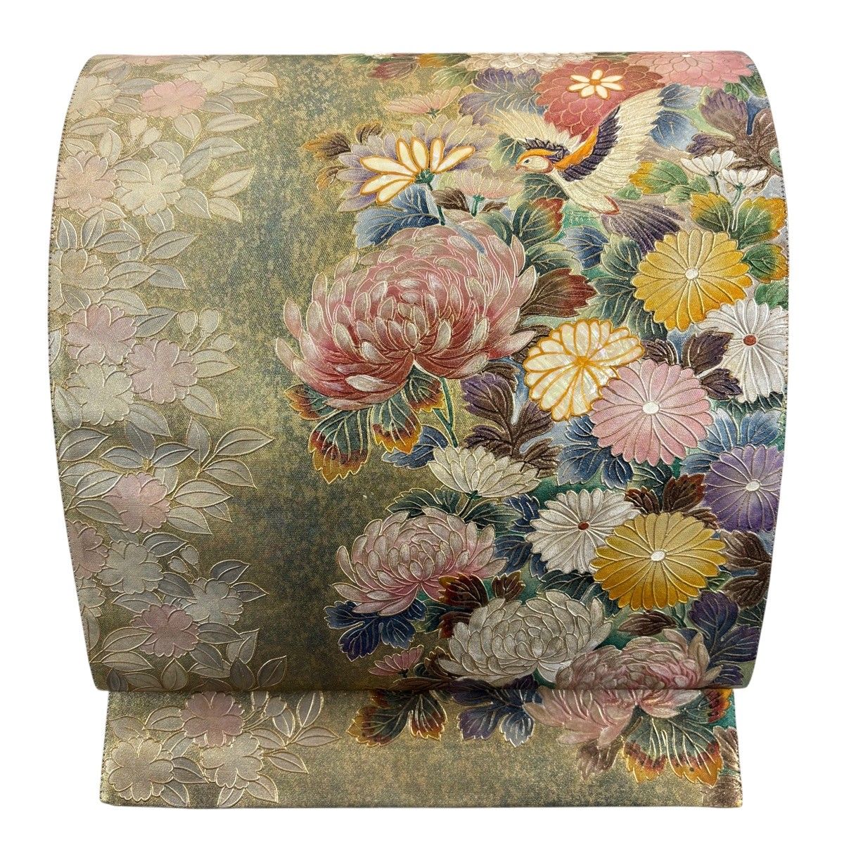 美品】 袋帯 名品 菊 鳥 螺鈿 金彩 金色 お太鼓柄 正絹 【中古