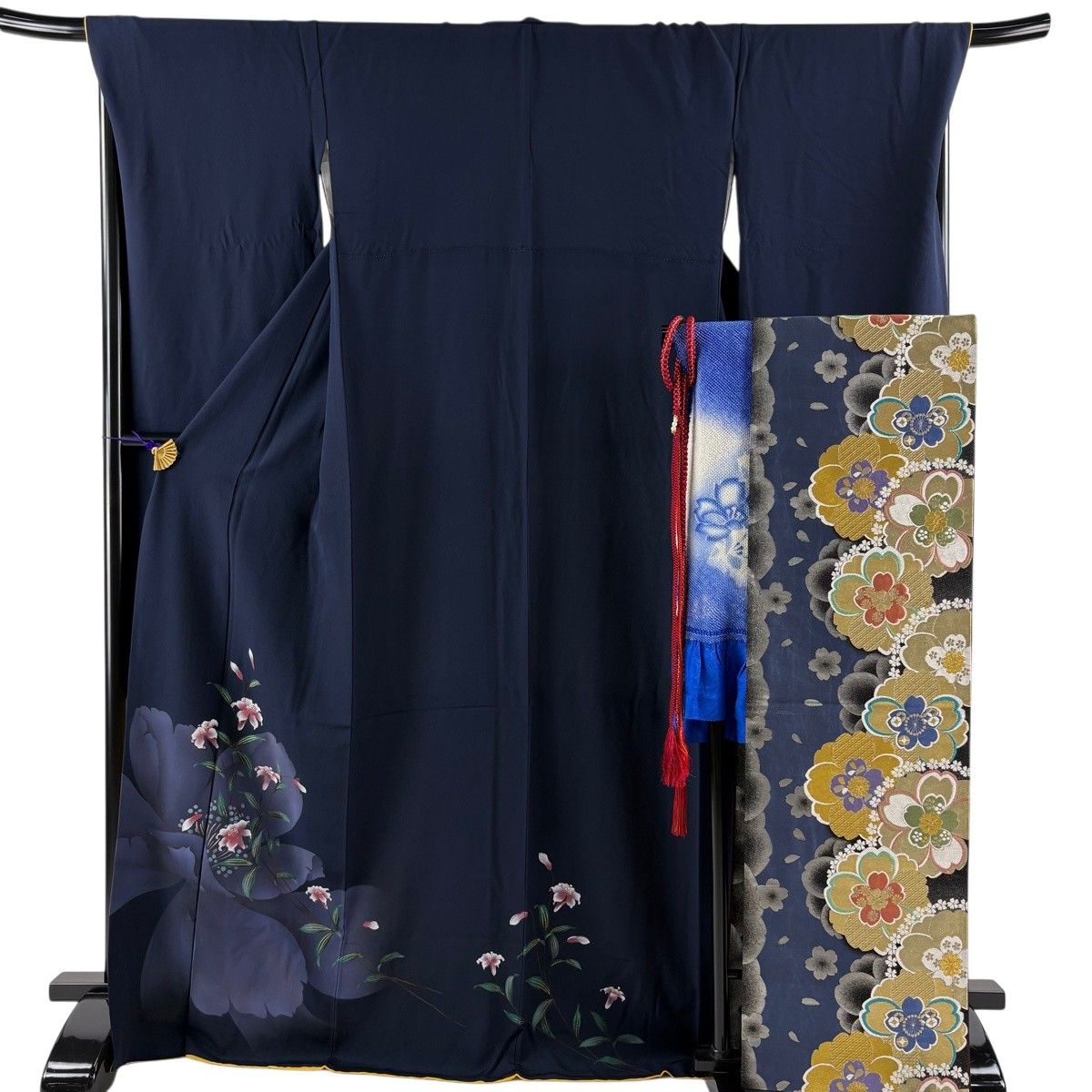 振袖 身丈170.5cm 裄丈70cm L 袷 袋帯フルセット 百合 金銀彩 紺色 