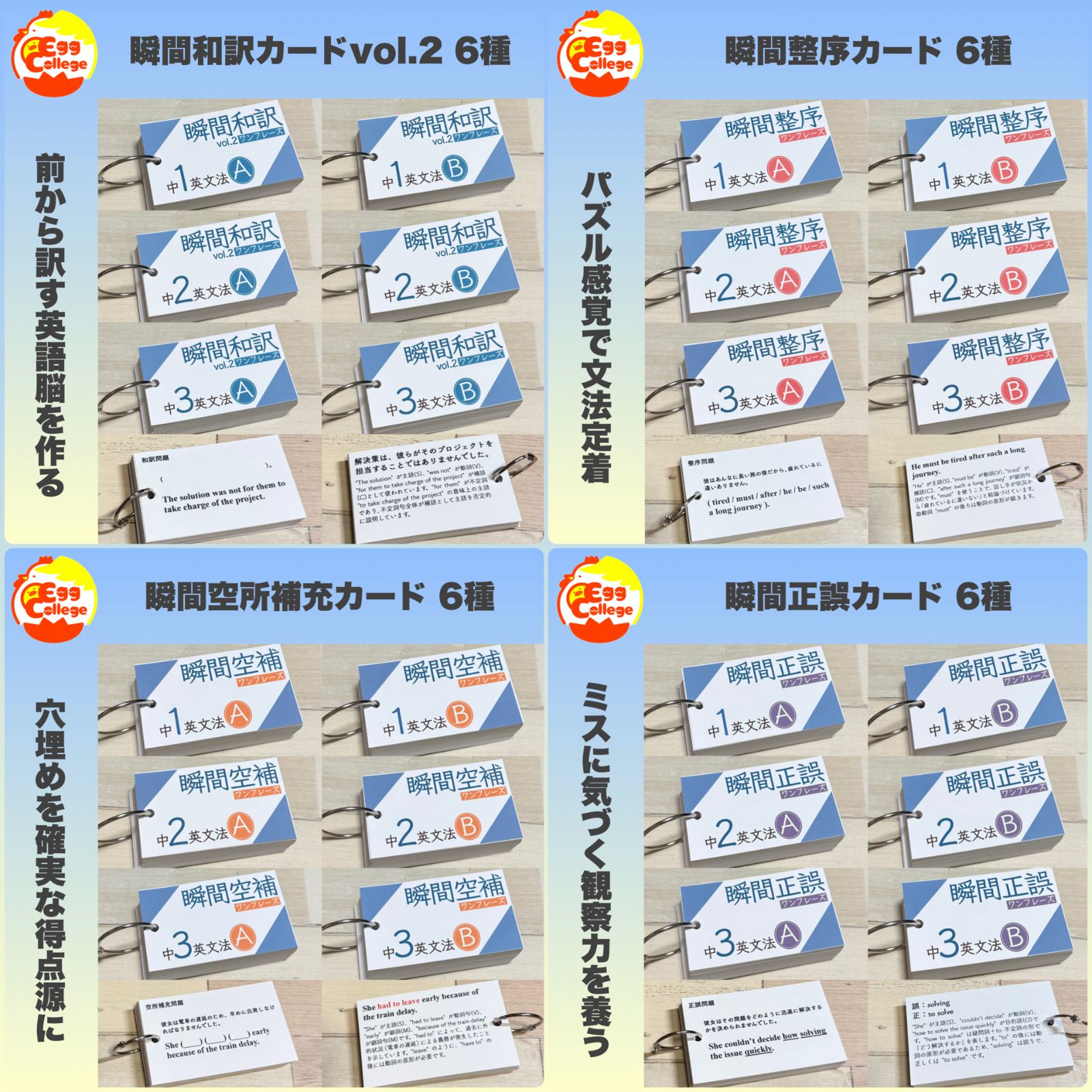 中学英文法＋瞬間和訳＋英単語カード　中学英語　暗記カード　英文読解　英文解釈 英文法カード 中学1年生 英語初学者 中学英語 英単語 瞬間和訳 英文法
