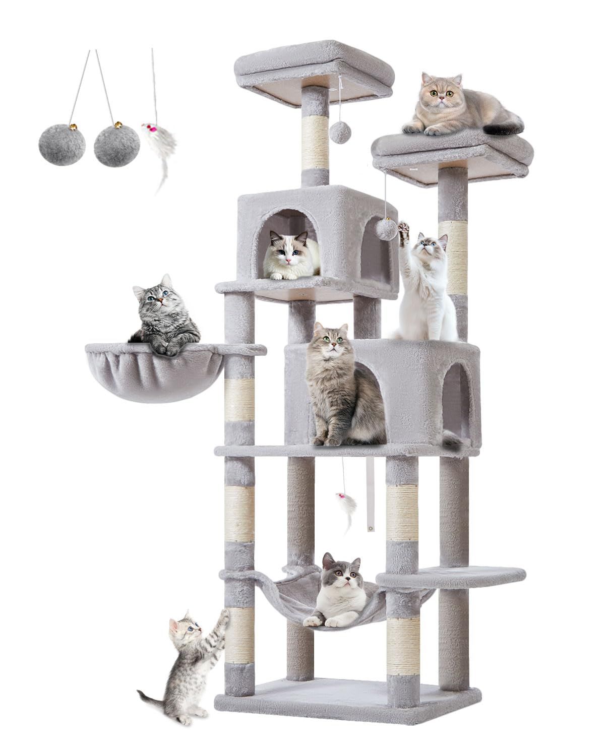 Taogimiao キャットタワー 高さ170cm 大型猫用 多頭飼い対応 据え置き 超スリム 省スペース 転倒防止付き 安定感 運動不足解消 猫ハウス2個 ハンモック 2段展望台 天然麻紐 爪研ぎ棒 サイザル麻爪ときボ一ル7本 ボンボン2個 豪華多段式キャッ