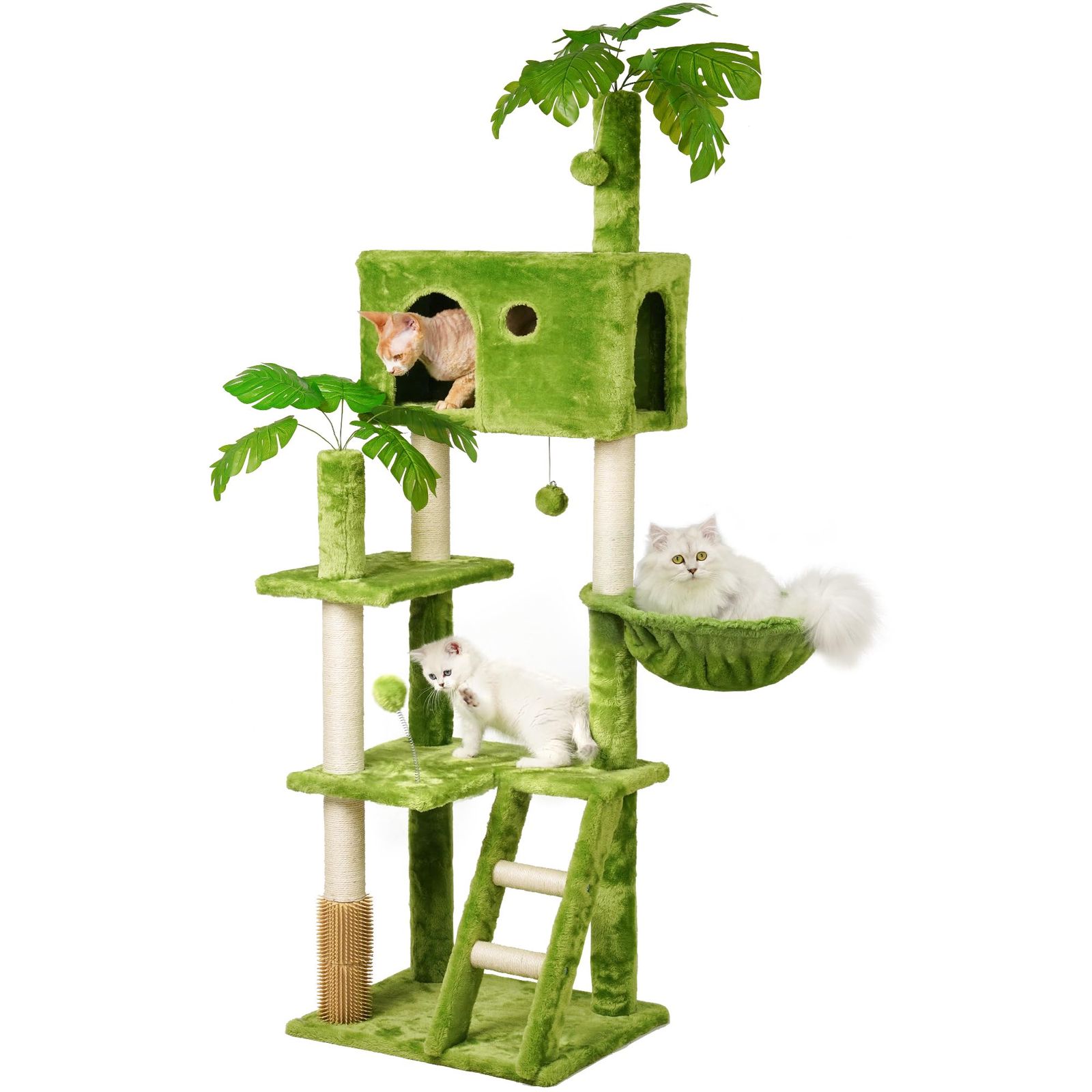 Meecal キャットタワー 大型猫用 葉付き 猫タワー 多頭飼い 耐荷重10KG キャットタワー大型 爪研ぎポール ハンモック 転倒防止装置 キャットハウス 猫 マッサージ 天然麻紐 展望台 階段 遊びのポンポン - グリーン 高さ165cm