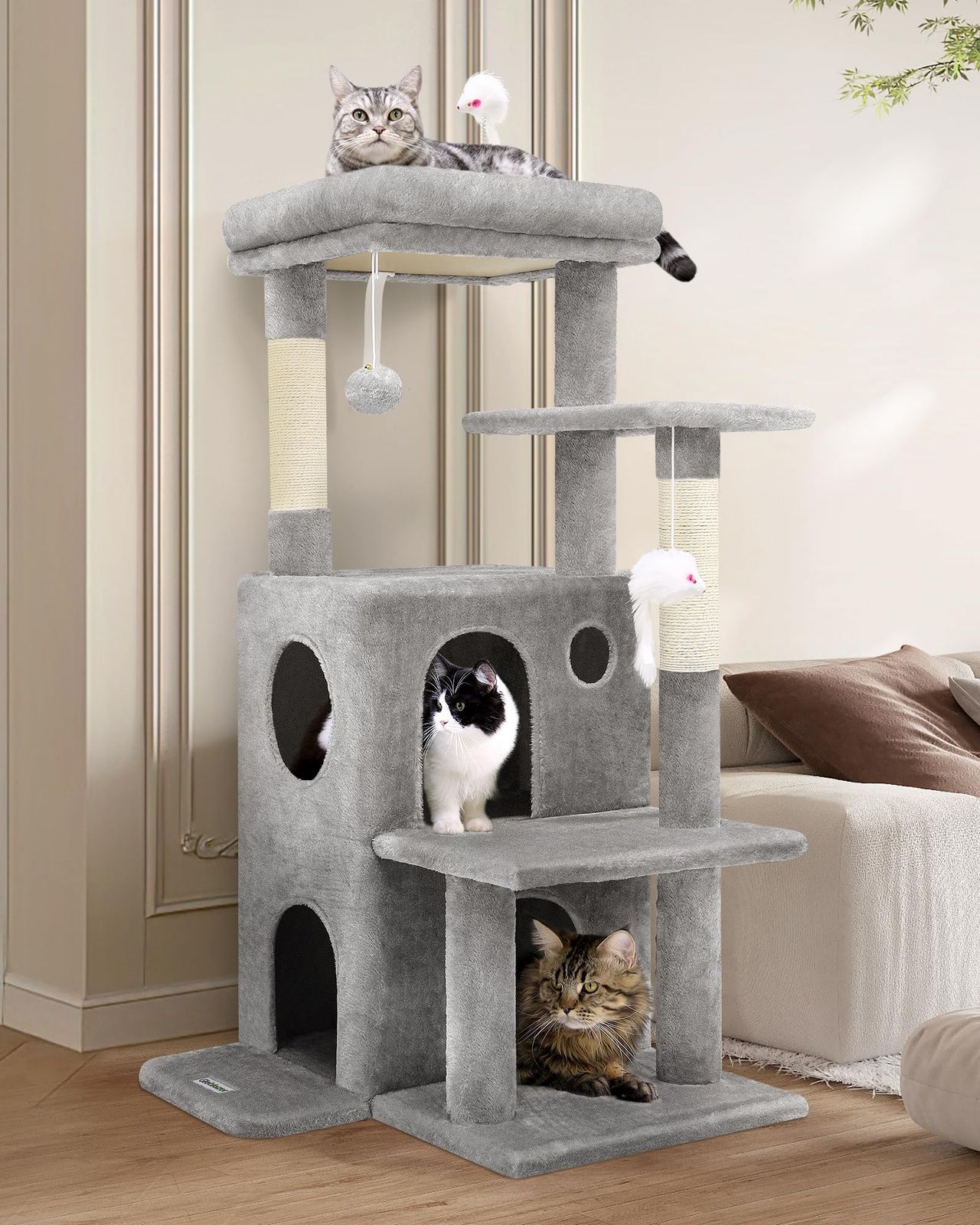 Globlazer キャットタワー スリム コンパクト 猫タワー 大型猫 成猫 据え置き 置き型 省スペース キャットハウス 見晴台 人気 天然麻紐の爪研ぎ棒 シンプル ポンポン おもちゃ 転倒防止ベルト付き 強い安定性 多頭飼い 運動不足 ストレス解消 高さ
