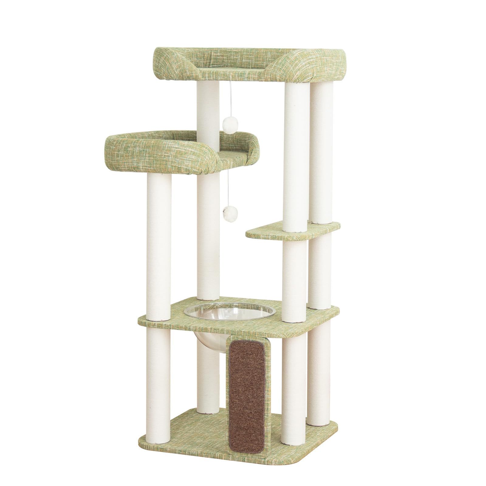 LULUCAT キャットタワー 据え置き おしゃれ クッション入りベッド 高さ135cm 多頭飼い コンパクト シニア猫 冬夏兼用 夏用ござ付き 大型猫 ワイドベース 安定感 オリーブグリーン 麻生地 転倒防止デザイン 壁際ぴったり インテリア性 展望台 猫ベ