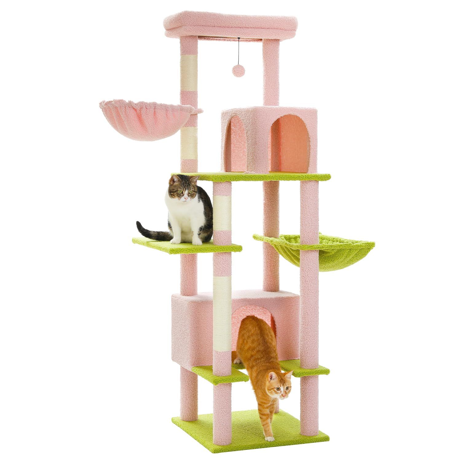 PAWZ Road キャットタワー 多頭飼い 大型猫用 スリム 大型 爪研ぎ 麻紐 ハンモック 据え置き 省スペース 人気 おしゃれ おもちゃ 運動不足 安定 - ピンク 170cm