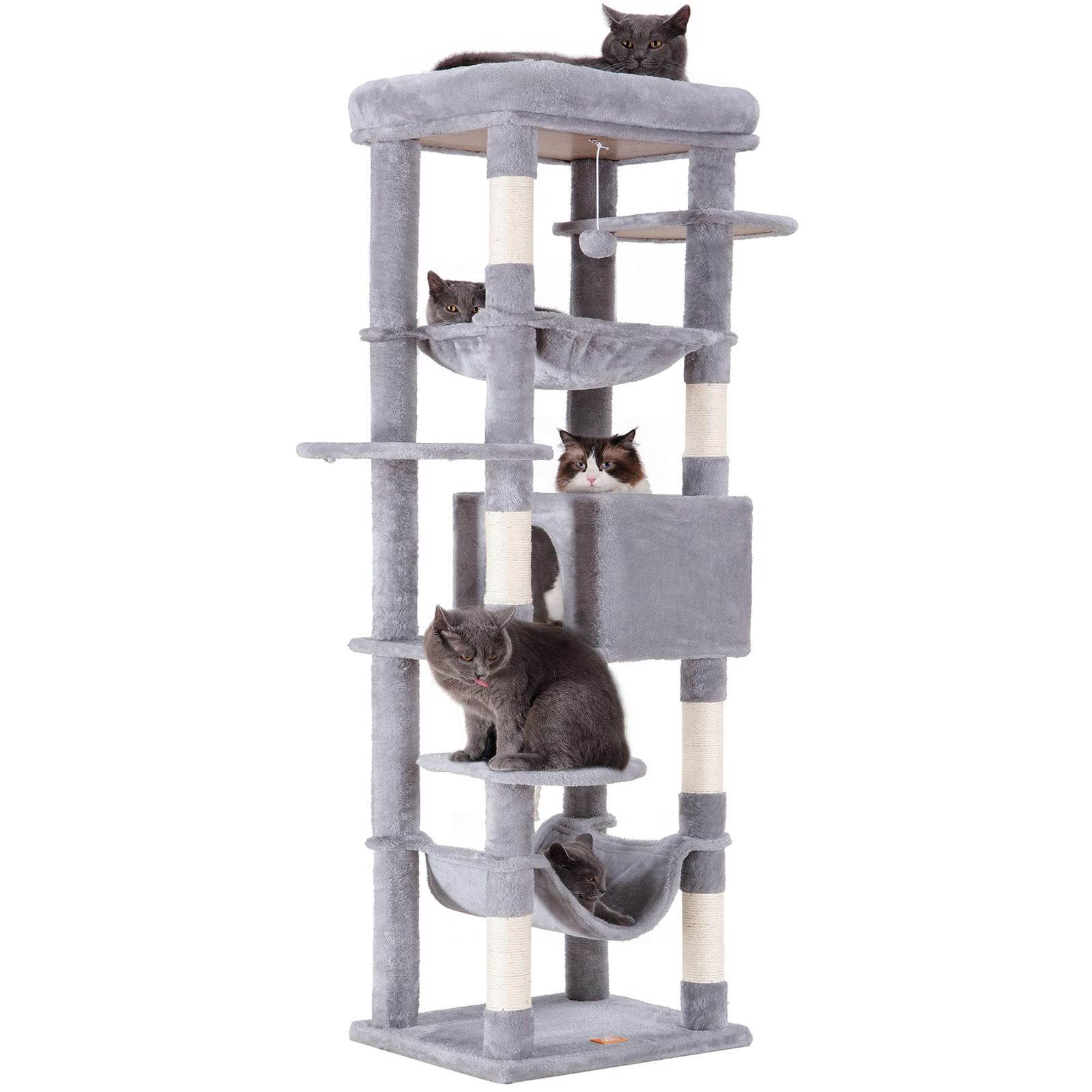 Heybly キャットタワー 大型猫用 多頭飼い向け 超スリム 据え置き型 省スペース 大型ハンモック 大型見晴らし台 キャットハウス 多頭飼いの家庭向け 高さ176cm ライトグレー HCT031W