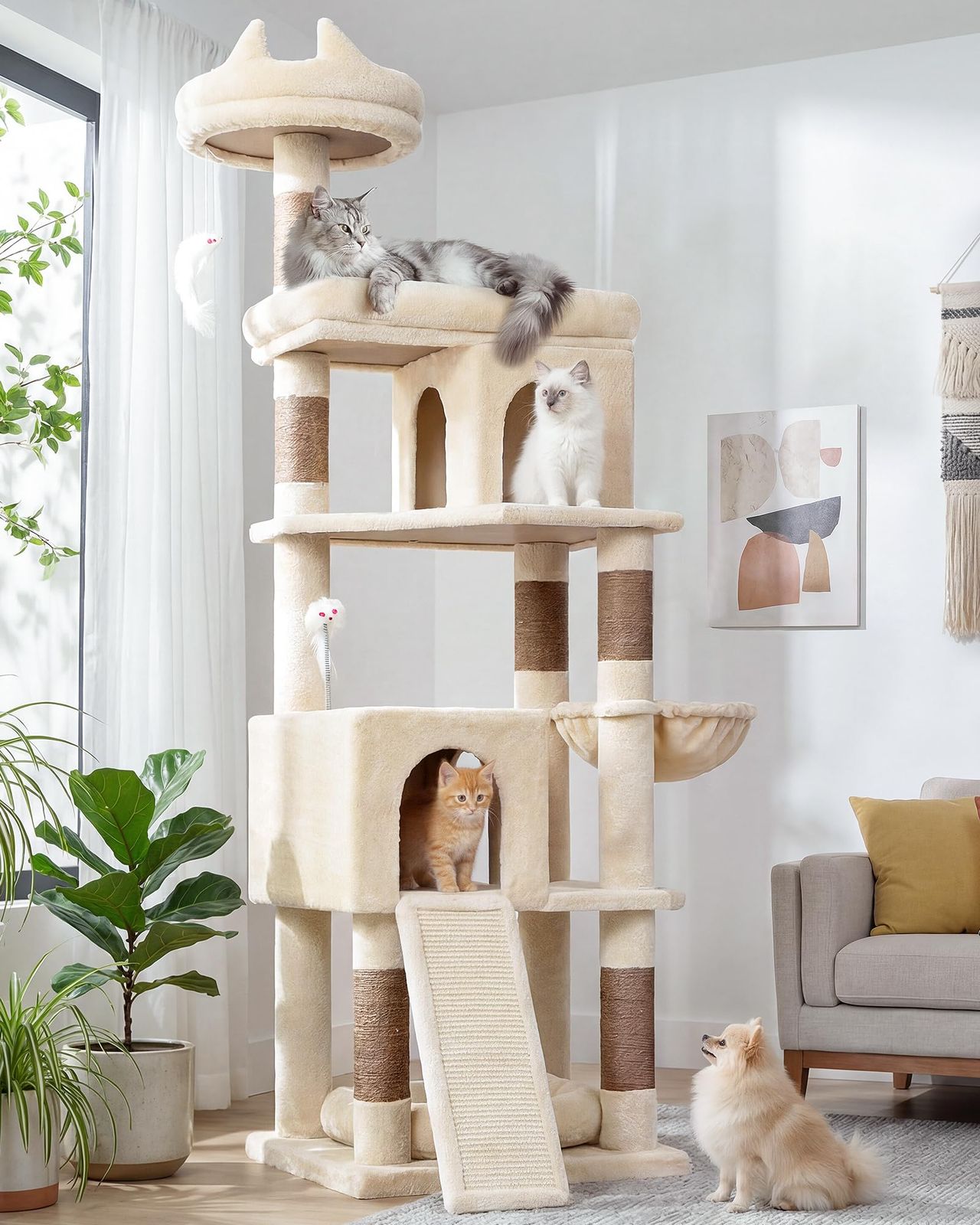 Globlazer キャットタワー ベージュ 大型猫用 頑丈 タイプ 多頭飼い 2つキャットハウス 取り外し可能なクッション付きトップ見晴台 展望台を拡大 ポータブルペットベッド 猫の爪とぎボード 吊り下げバスケット 6つ天然麻紐爪とぎポール 猫のおもちゃ 多
