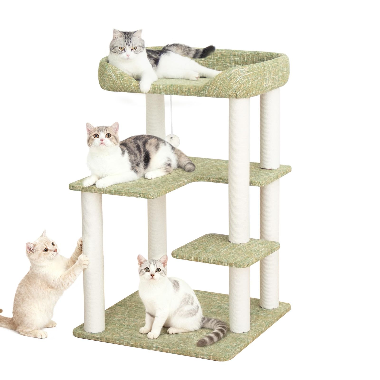 なになにLife ＼クッション入りベッド／ キャットタワー 据え置き 高さ95cm おしゃれ 宇宙船 多頭飼い コンパクト インテリア性 低め 低い 麻生地張り スリム コーナー 省スペース オリーブグリーン クリアボウル 成猫 子猫 キャットツリー 猫タワー