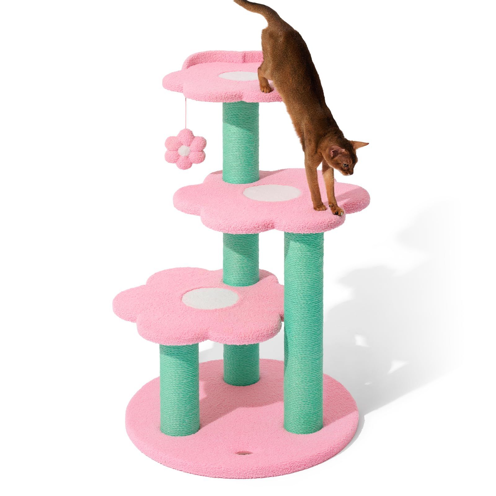 VETRESKA キャットタワー 大型猫用 猫タワー お花 猫ベッド 大型 据え置き 安定感 省スペース 登りやすい 天然麻紐 爪とぎ 運動不足解消 人気 おしゃれ 可愛い 猫つめとぎタワーとおもちゃ ポンポン 組立簡単 猫のよじ登る台 - ピンク高さ102c