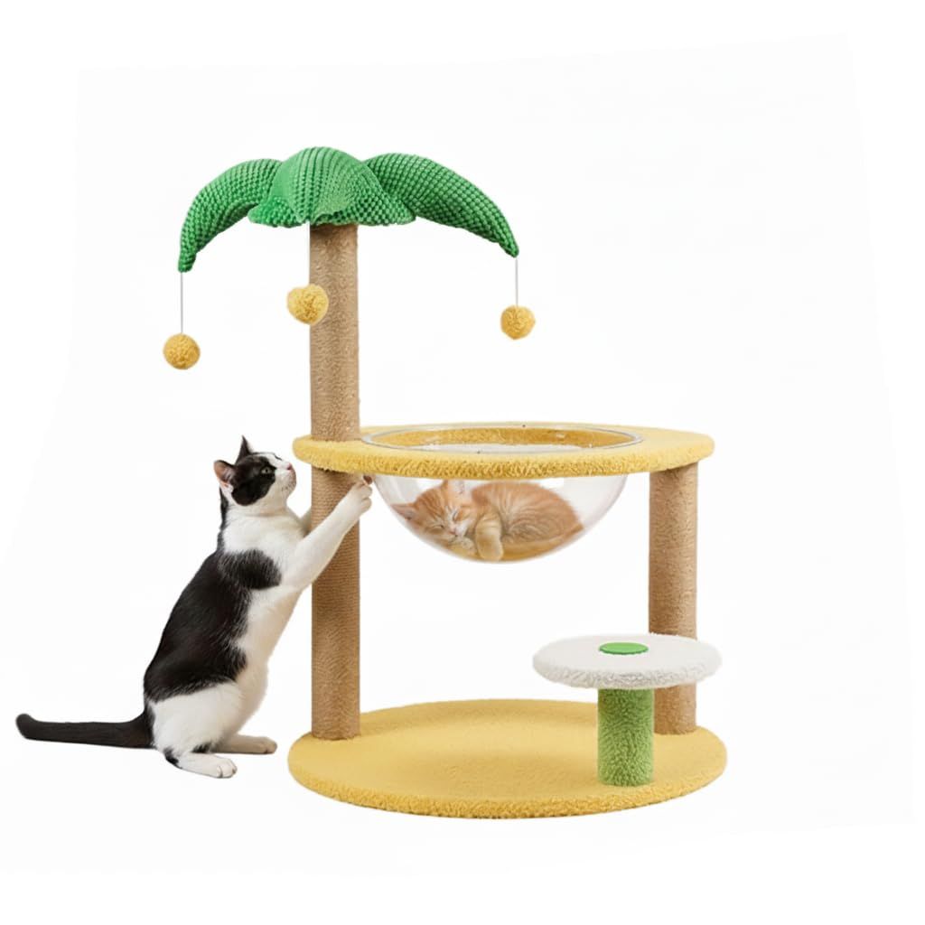 PetGround キャットタワー ミニ 低い 子猫向け 短足用 シニア 爪研ぎ 透明ボウル付き おもちゃ 猫パンチ ステップ付 スリム 小さめ おしゃれ かわいい 簡単組み立て