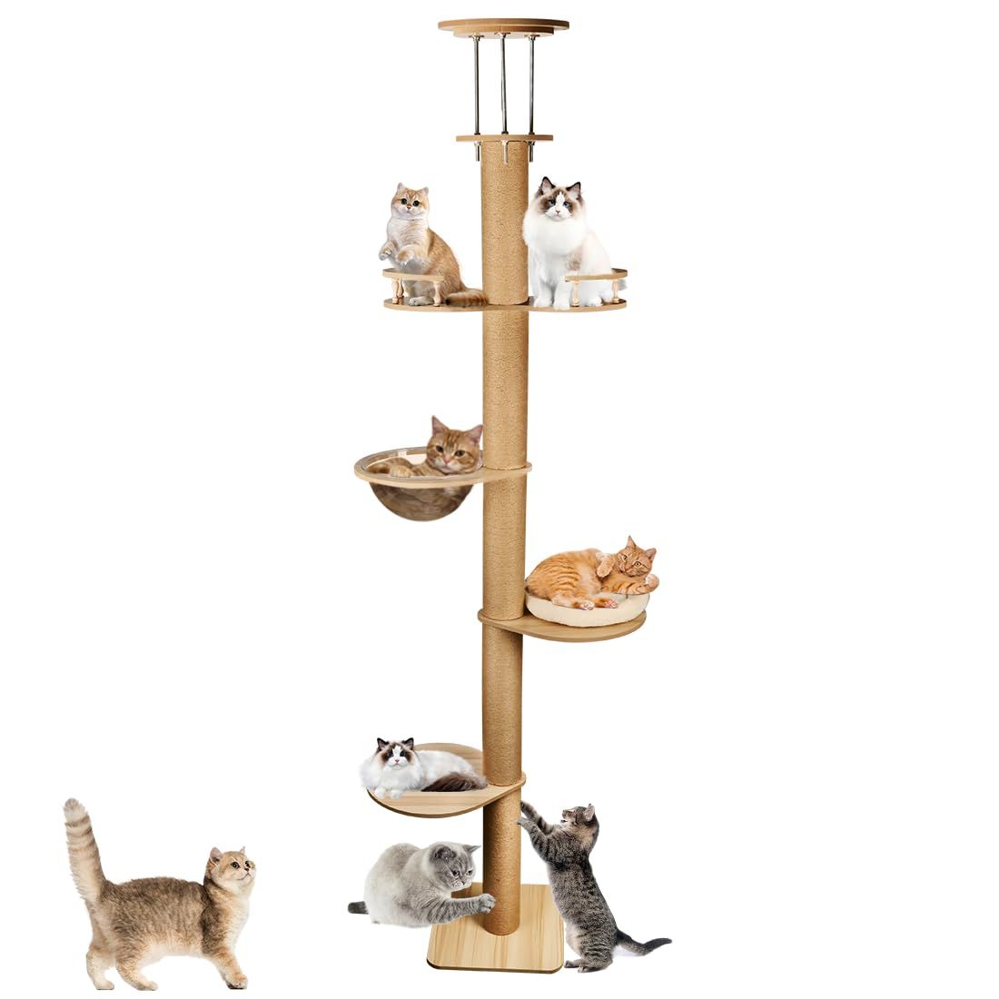 キャットタワー 突っ張り 木製 多頭飼い - スリム 猫タワー コンパクト 省スペース 爪研ぎ サイザル麻 人気 高さ調整幅230～255cm 7,936円