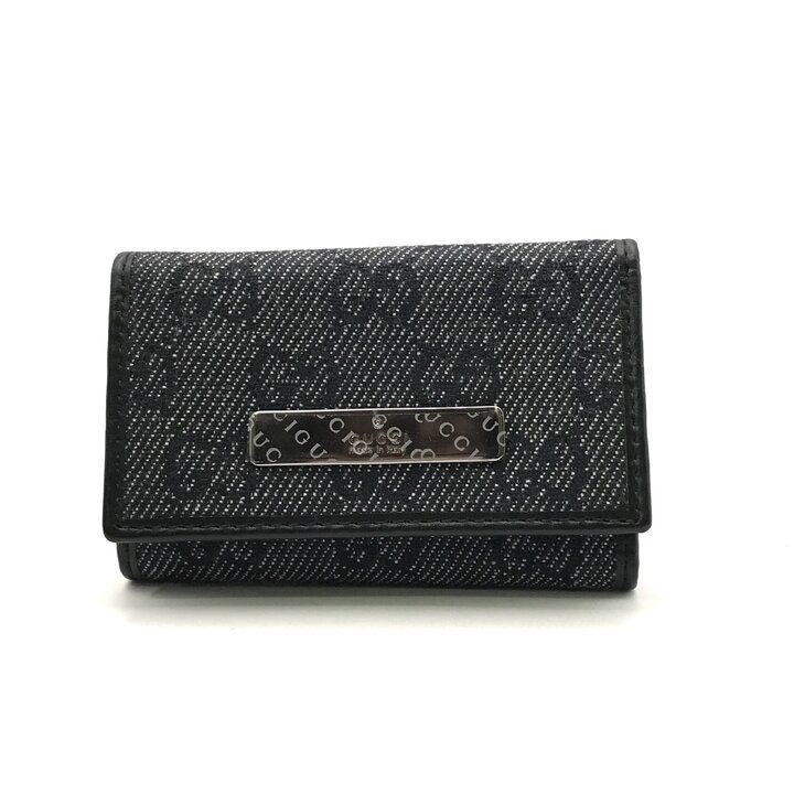 【新品未使用】　グッチ　ロゴプレート　キーケース　キャンバス　ブラック 未使用保管 GUCCI グッチ GG キャンバス ロゴ レザー キーケース 6連
