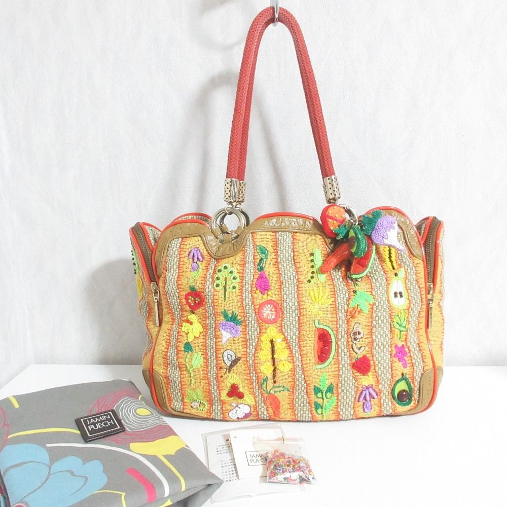 お値下げ中‼️JAMIN PUECH ベージュ ビーズお猿さん装飾 バッグ 良品 JAMIN PUECH ジャマンピュエッシュ ビーズ刺繍 トートバッグ