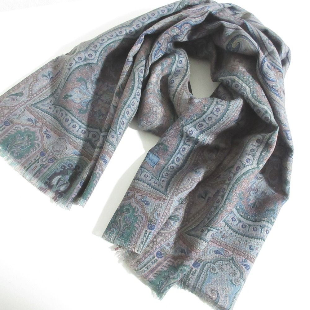 美品 ETRO エトロ ペイズリー柄 フリンジ ストール スカーフ グレー系 レディース 古着 中古 USED 美品 ETRO エトロ ペイズリー柄 フリンジ ストール スカーフ グレー系