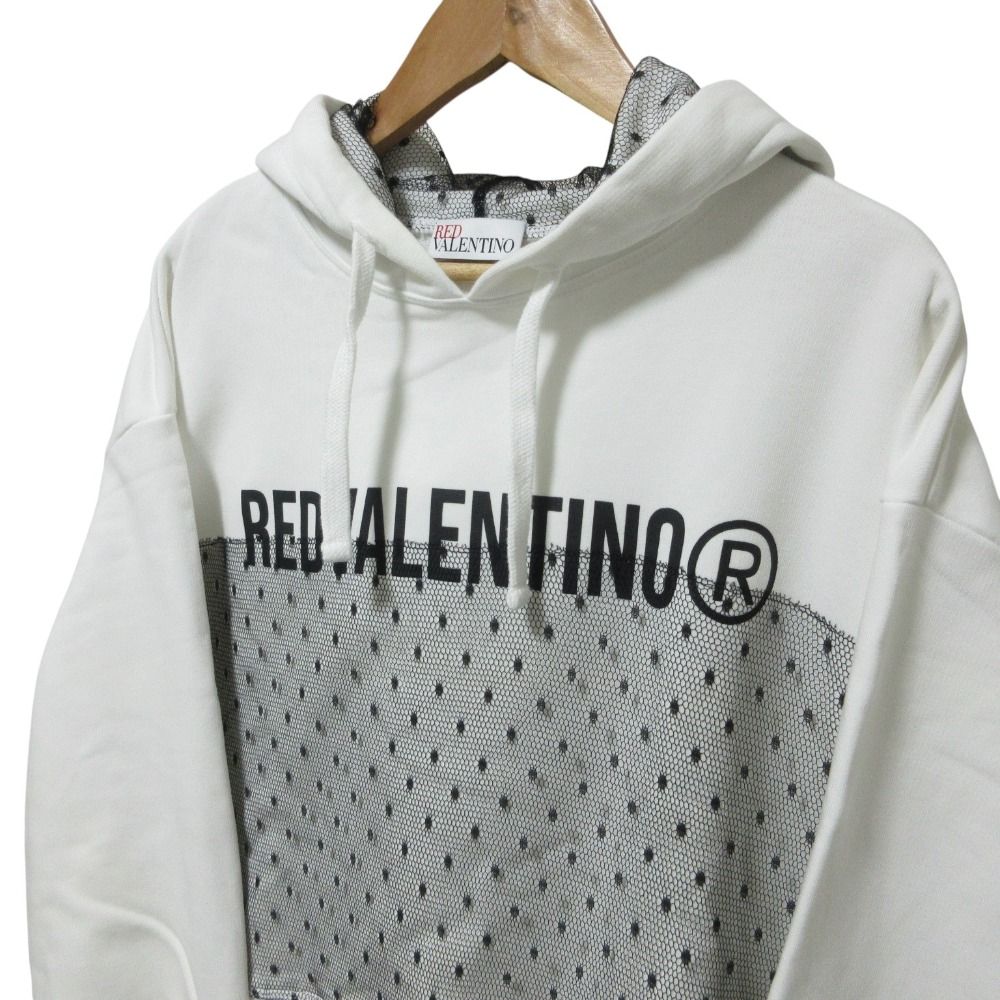 良品 REDValentino レッドヴァレンティノ ロゴプリント レースドッキング プルオーバー クロップドパーカー フーディ S ホワイト レディース 古着 中古 USED 良品 REDValentino レッドヴァレンティノ ロゴプリント レース