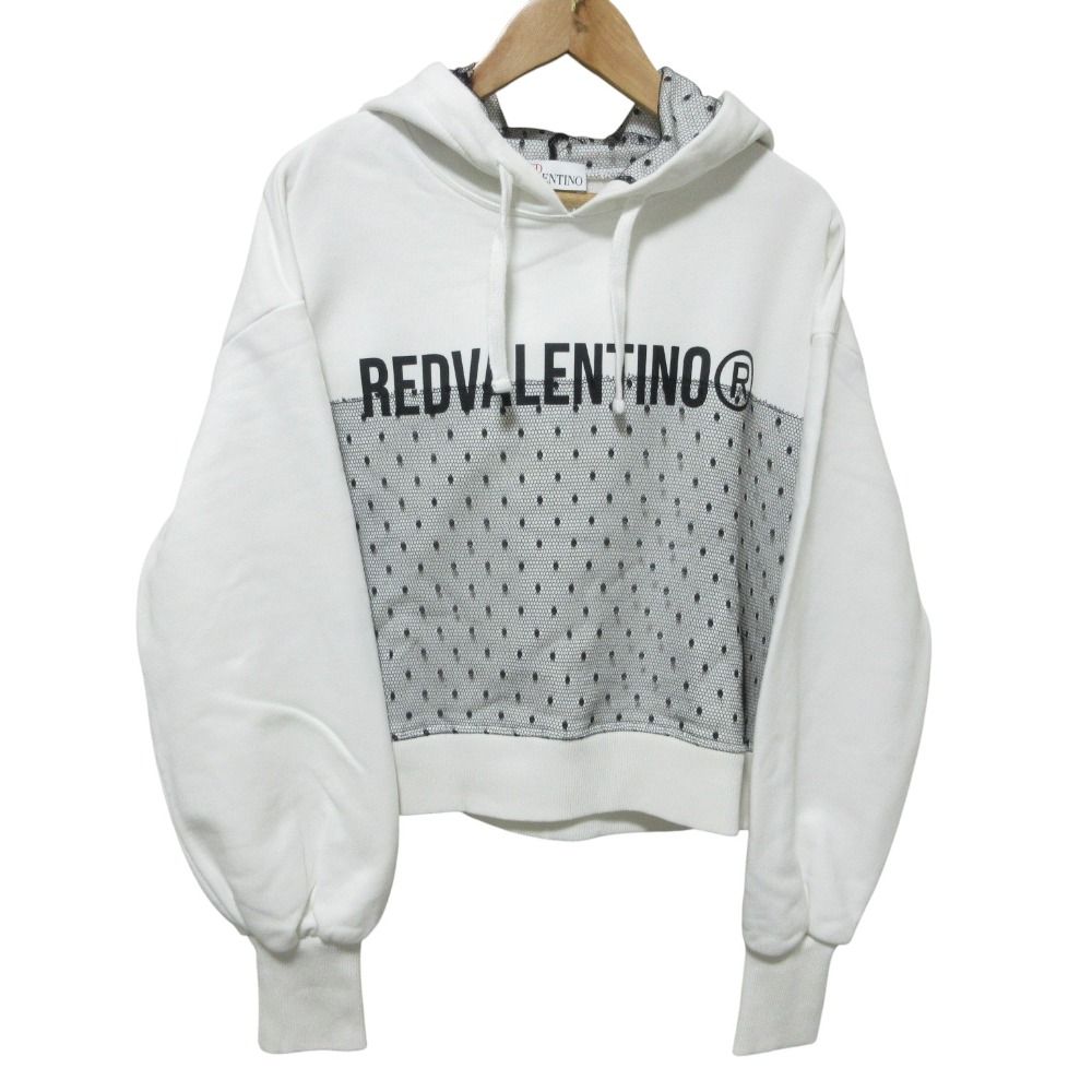 良品 REDValentino レッドヴァレンティノ ロゴプリント レースドッキング プルオーバー クロップドパーカー フーディ S ホワイト レディース 古着 中古 USED 良品 REDValentino レッドヴァレンティノ ロゴプリント レース