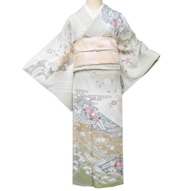 訪問着 着物 中古 正絹 袷 フォーマル 花の図 裏葉柳色 多色 金 身丈