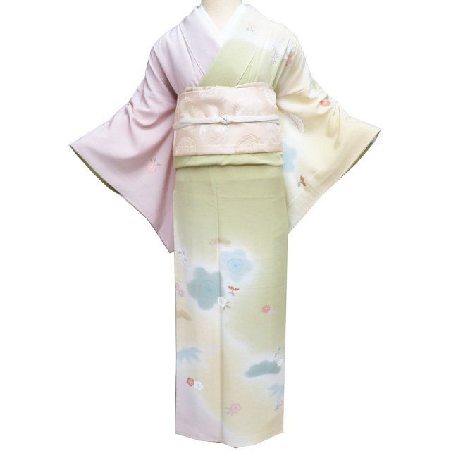 訪問着 着物 中古 正絹 袷 フォーマル 花の図 松 梅 菊 桜 苗色 御所染色 多色 金 身丈163cm 裄64cm L きもの北條 A1353-4 訪問着 着物 中古 正絹 袷 フォーマル 花の図 松 梅 菊 桜 苗色 御所