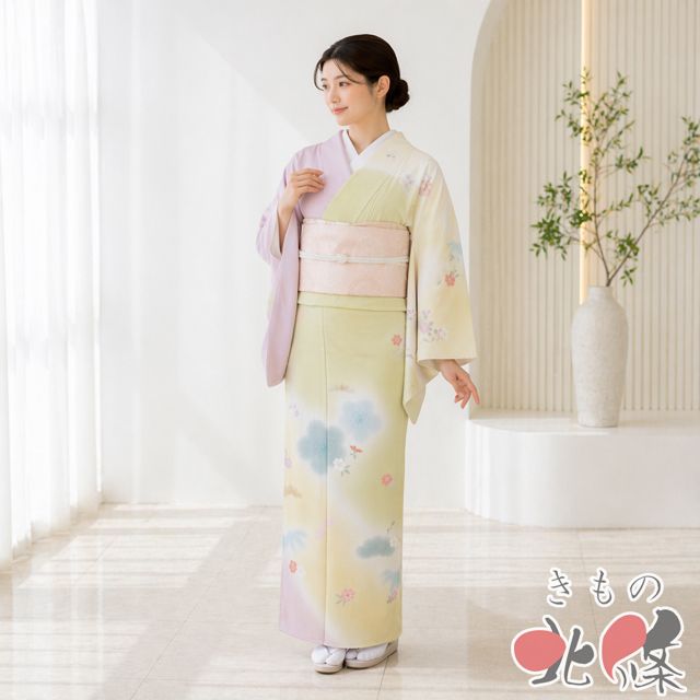 訪問着 着物 中古 正絹 袷 フォーマル 花の図 松 梅 菊 桜 苗色 御所染色 多色 金 身丈163cm 裄64cm L きもの北條 A1353-4 訪問着 着物 中古 正絹 袷 フォーマル 花の図 松 梅 菊 桜 苗色 御所