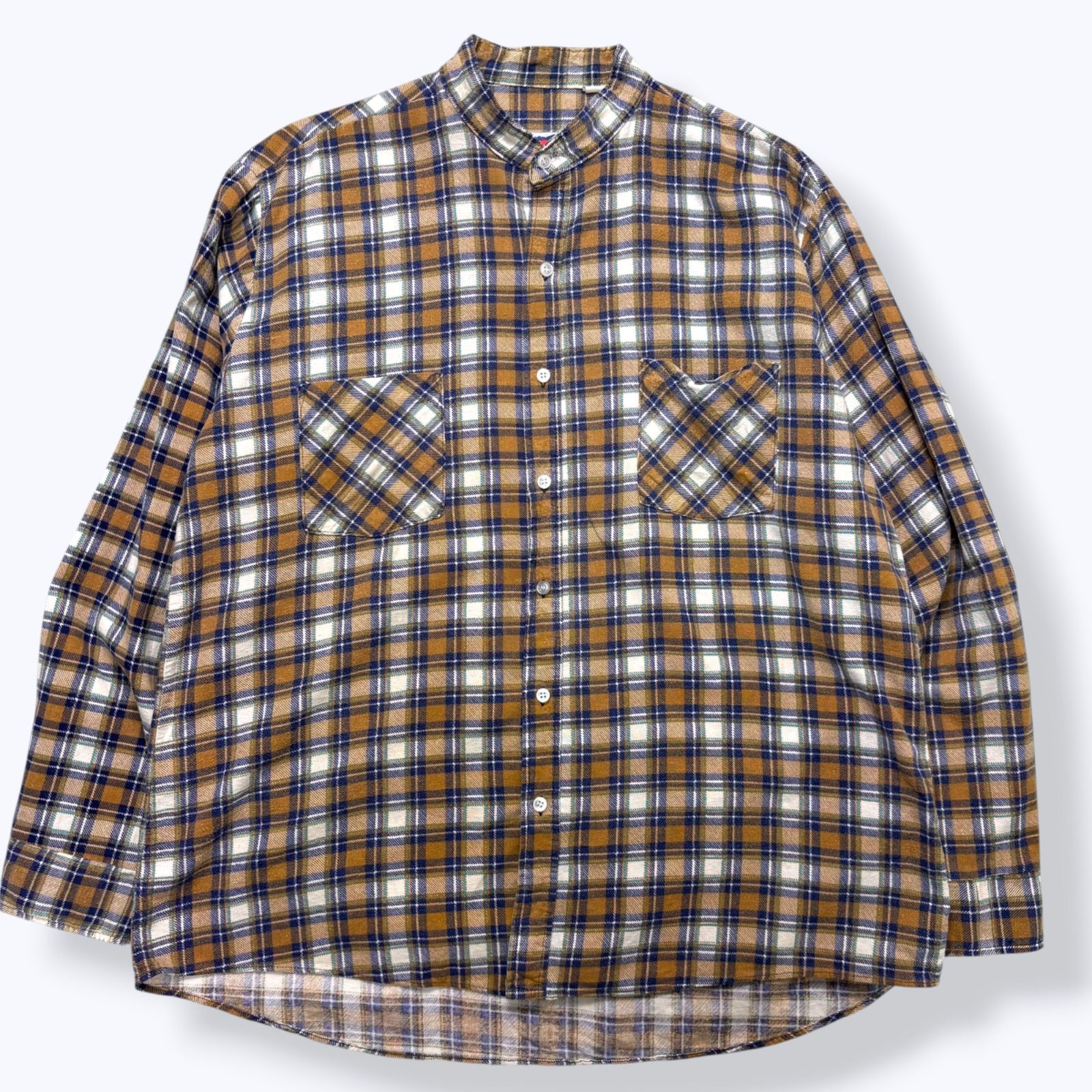 90s AMERICAN EDITION Band Collar Print Flannel Shirts 【L】 90年代 アメリカンエディション プリネル プリント ネルシャツ バンドカラー ノーカラー チェック プレイド 古着 ヴィンテージ