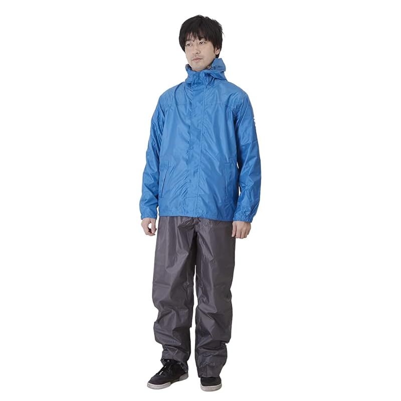 【新品】 レインスーツ 上下 メンズ (透湿度:2000g/m2-24HR) (耐水圧:10000mmH2O) (フード収納) (リュックINジャケット) (防水収納バック付き) 4L スカイブルー AS7600 1