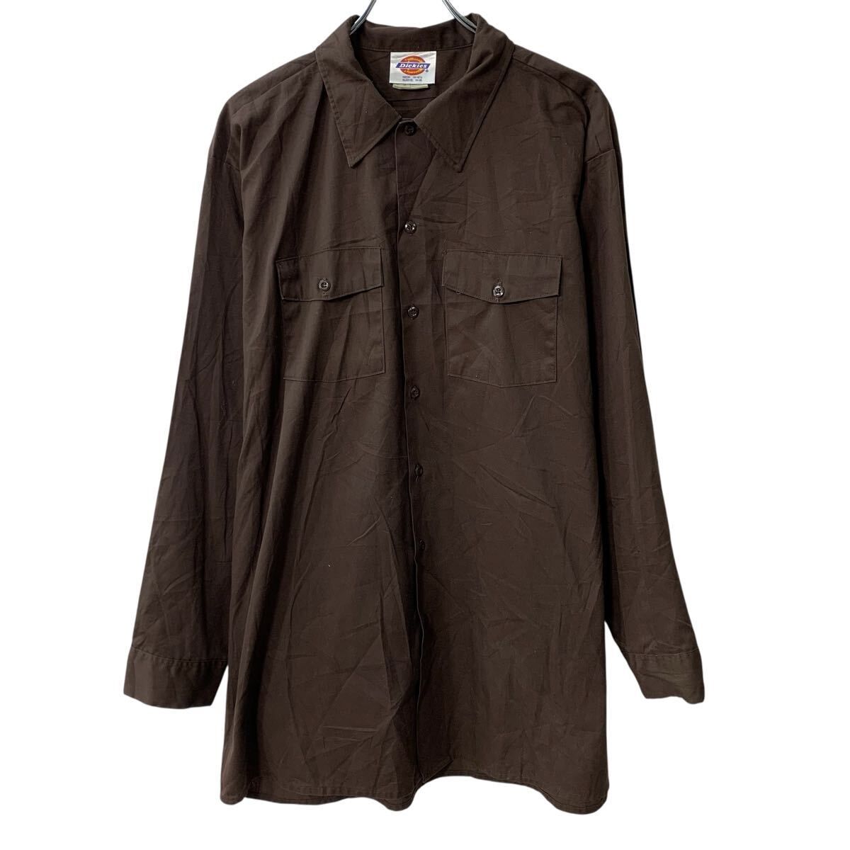 90s USA製 Dickies 長袖 ワークシャツ XL ダークブラウン ディキーズ 
