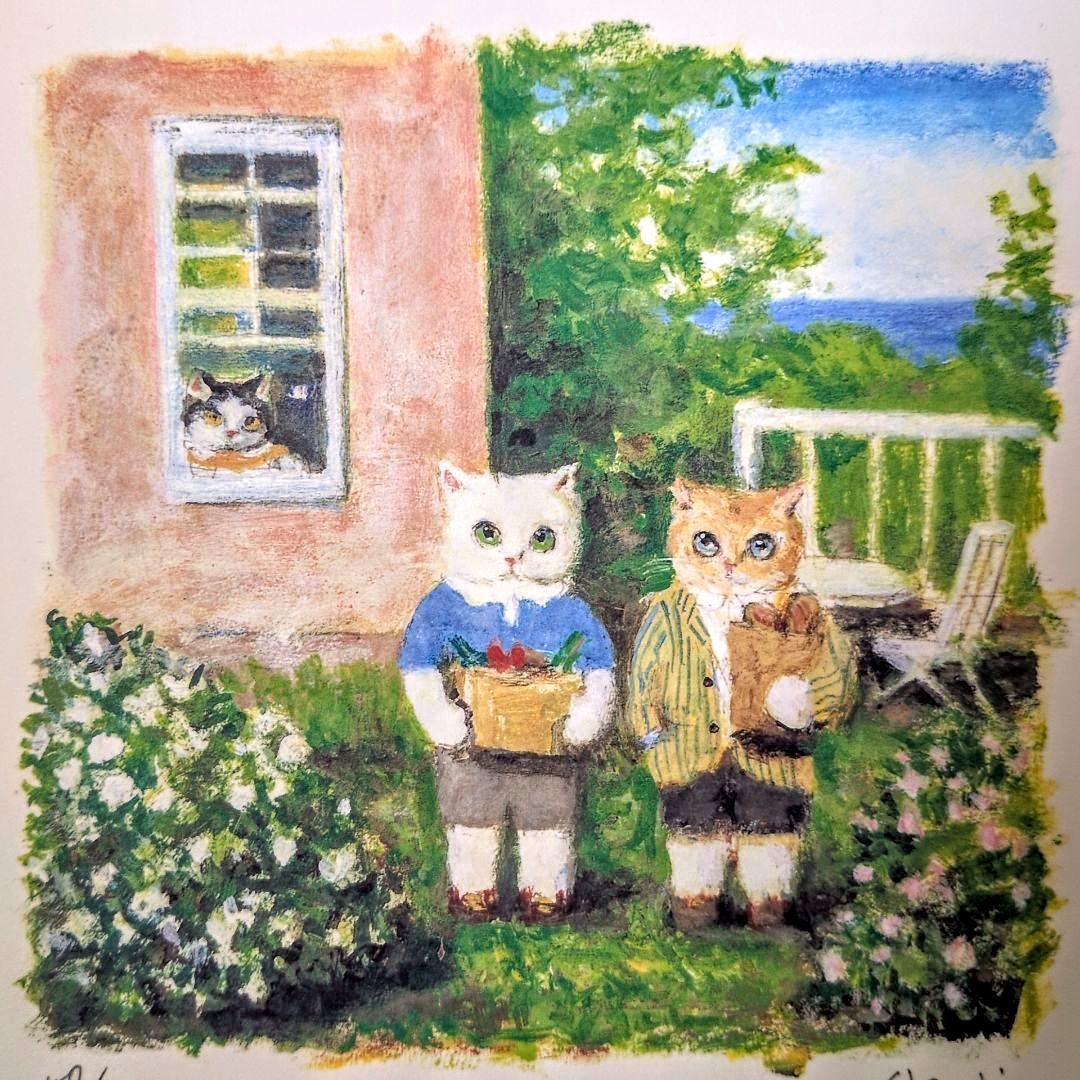 希少】諏訪憲二 『お招き』1999年 限定版画 猫アート インテリア 100