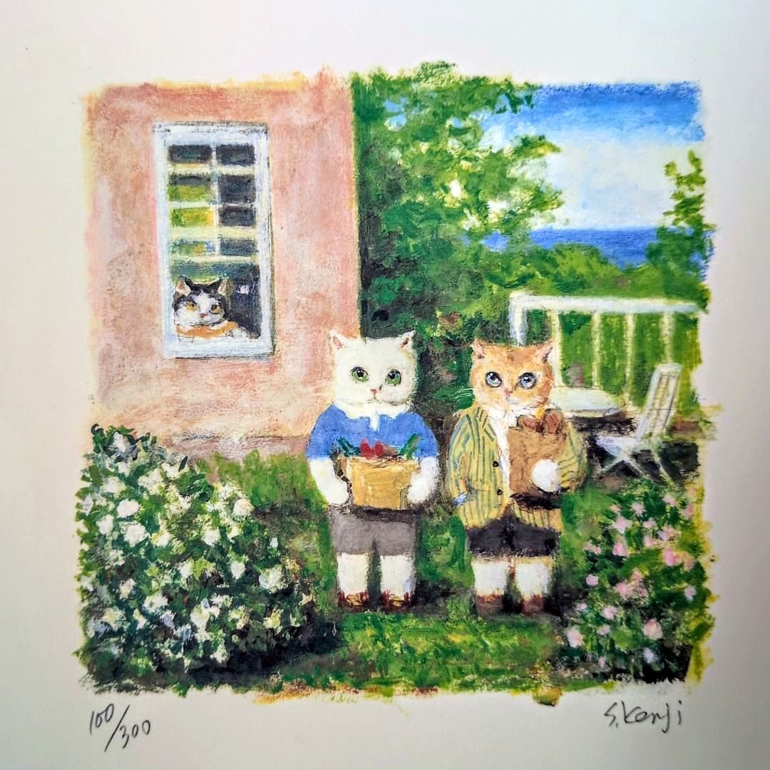 希少】諏訪憲二 『お招き』1999年 限定版画 猫アート インテリア 100