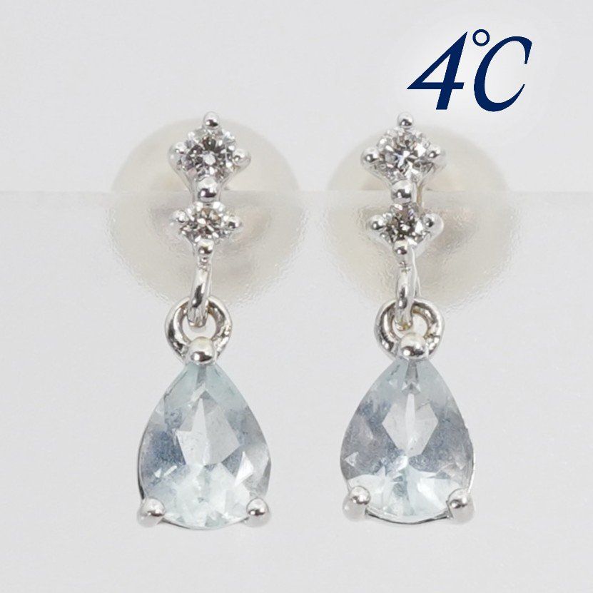 美品 4℃ K10WG アクアマリン×ダイヤ ドロップ ピアス/26-0045 - メルカリ