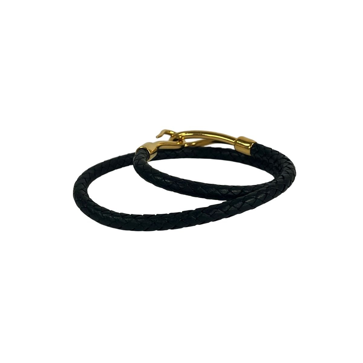HERMES(エルメス) ブレスレット ジャンボ レザー 黒×ゴールド 編み込み