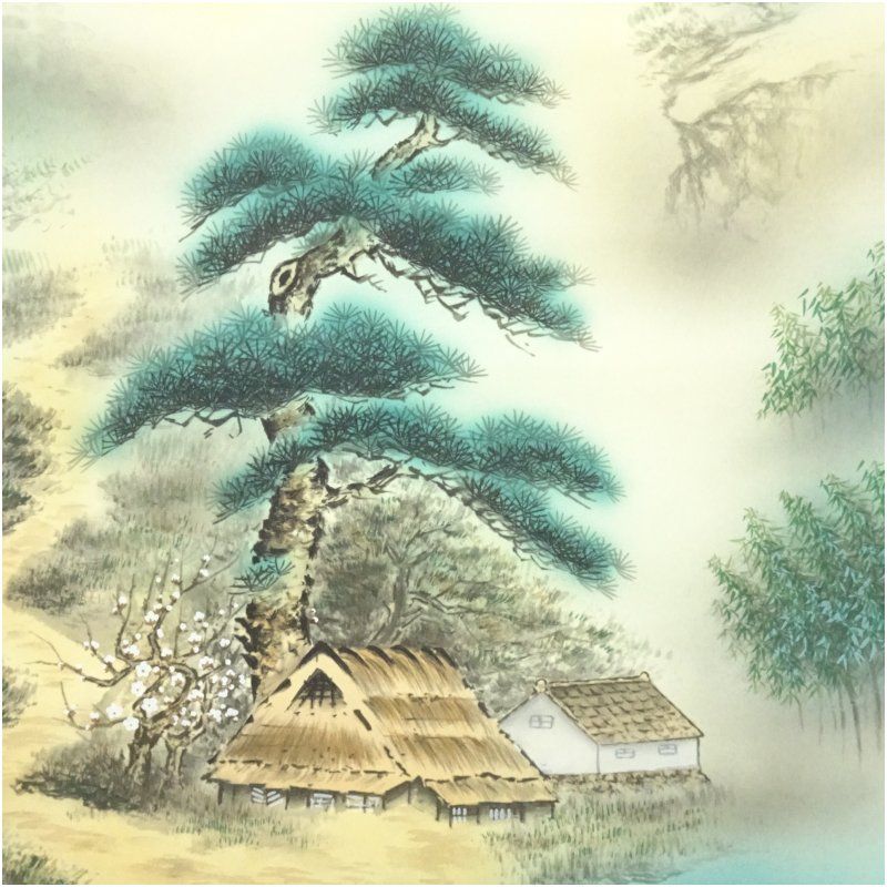 掛軸 石田雪外『風水発財富峰図 風景画』日本画 絹本 箱付 掛け軸 N10088 掛軸 石田雪外『風水発財富峰図 風景画』日本画 絹本 箱付 掛け軸