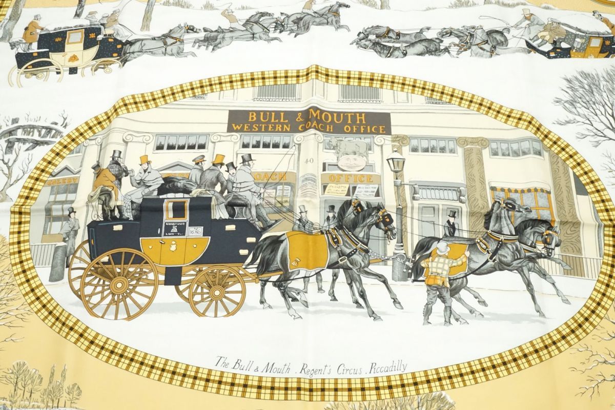 エルメス カレ90 大判 スカーフ シルク100% L'Hiver en Poste 冬の郵便