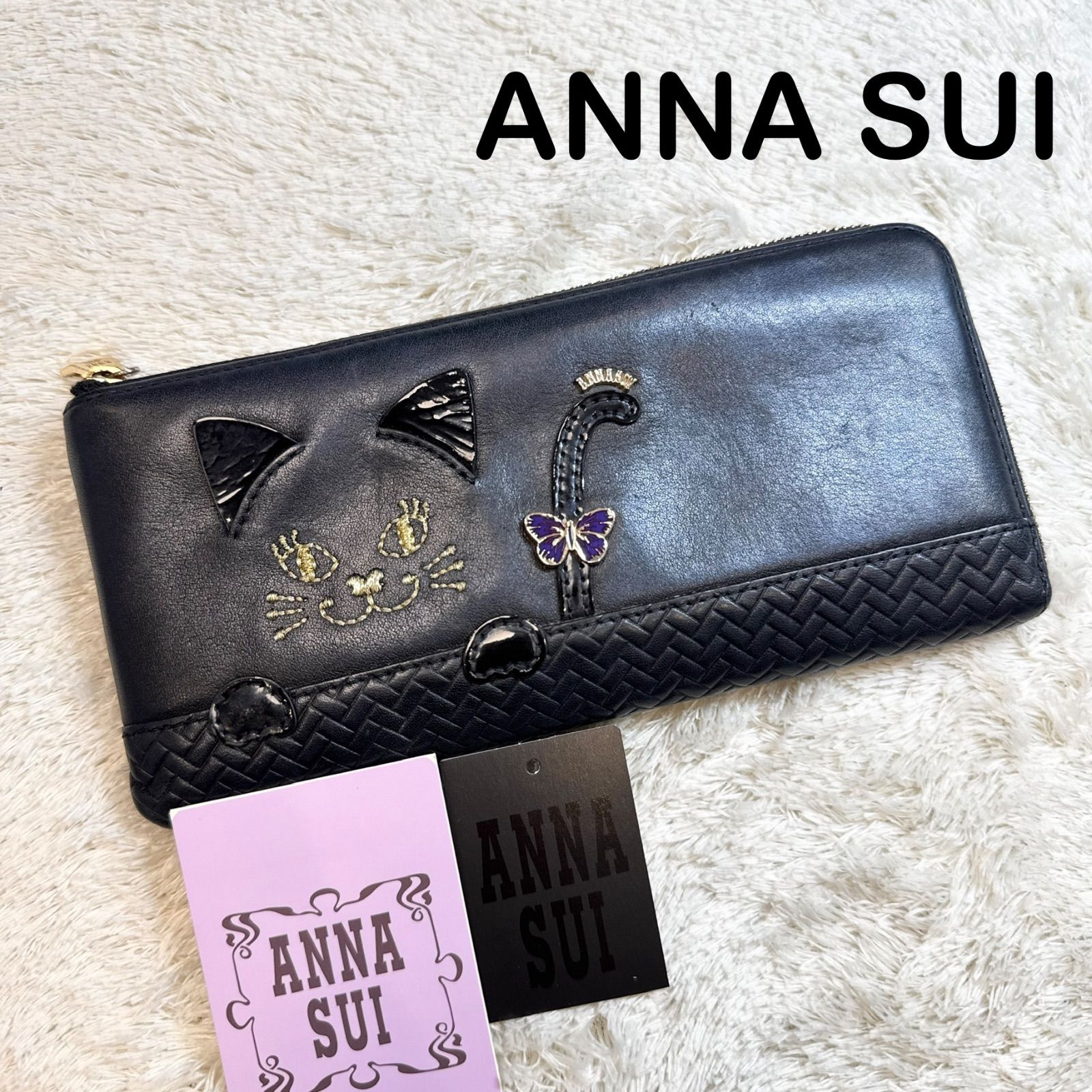 ANNA SUI 長財布 ブラック 猫 ANNA SUI（アナスイ） 長財布 二つ折り 本革 猫 がま口 プレイング