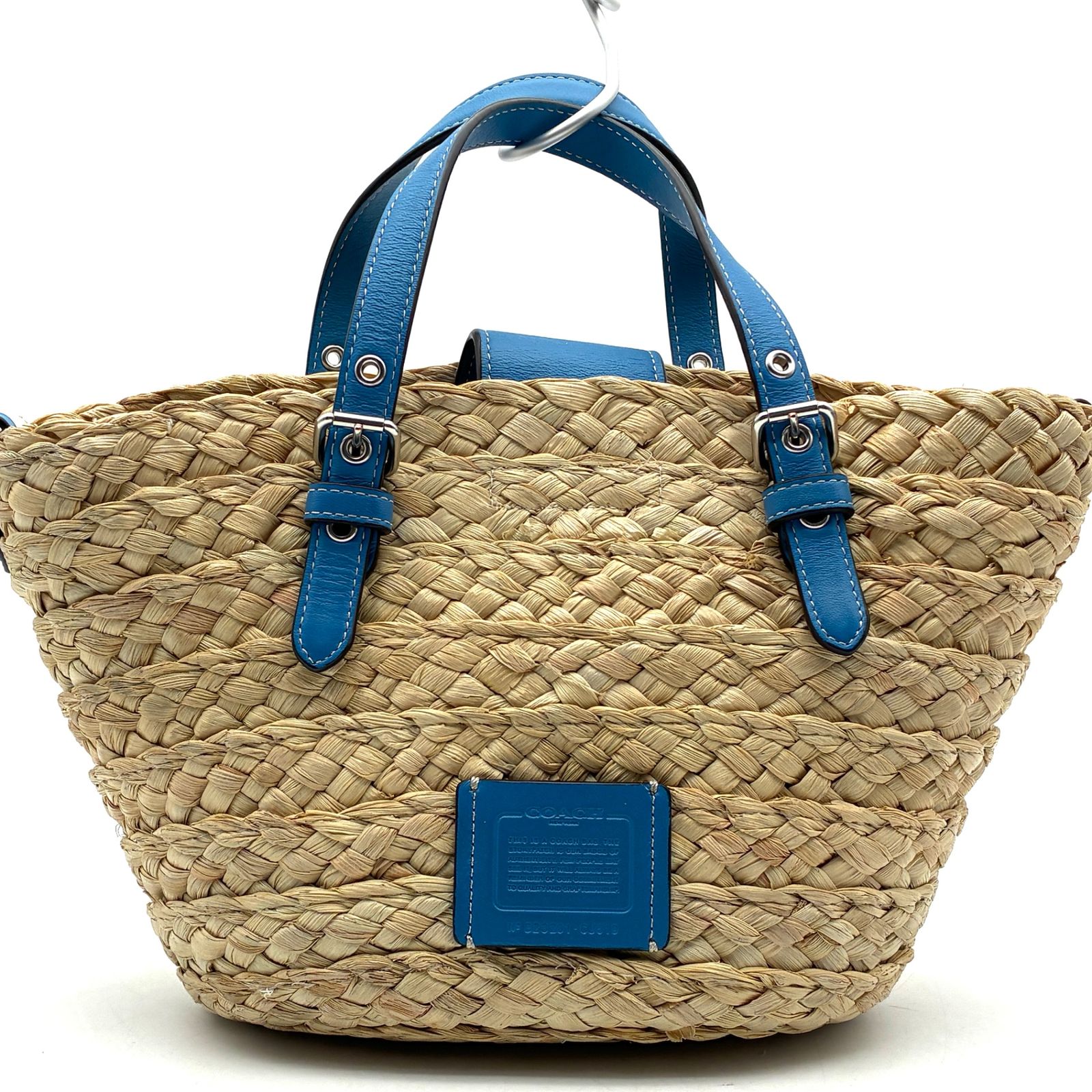未使用に近い COACH コーチ かごバッグ ストローバッグ 2way トートバッグ ショルダーバッグ 麦わら レザー ナチュラル ブルー 青 馬車ロゴ 斜め掛け 肩掛け 夏 リゾート お出かけ 旅行 デート レディース 鞄 爽やか 涼しげ おしゃれ 未使用に近い COACH コーチ かごバッグ ストローバッグ 2way トート