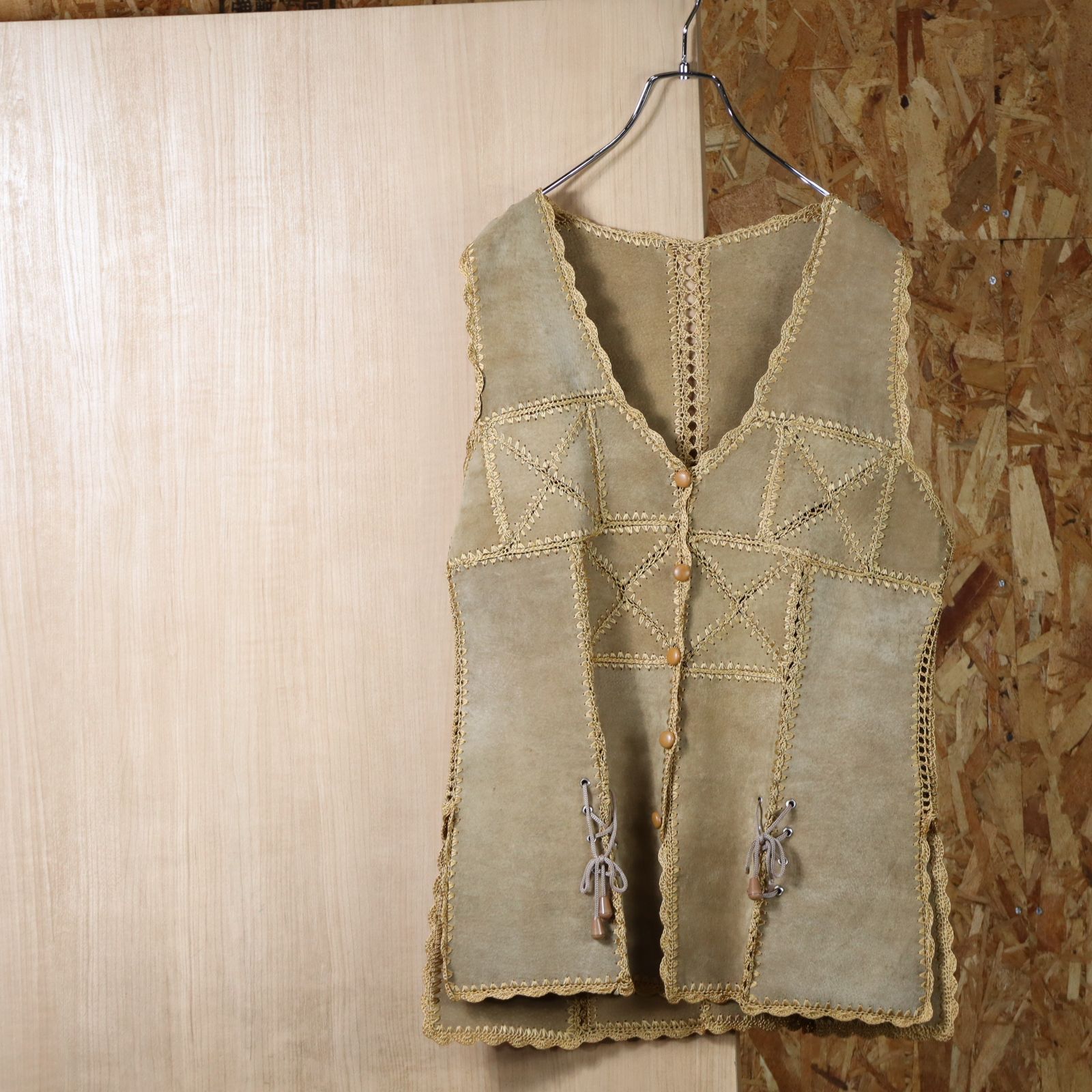 pig skin suede leather lace up vest beige 90s 00s ピッグスキン 豚革 スエード レースアップ レザー ベスト ボタンフロント ベージュ