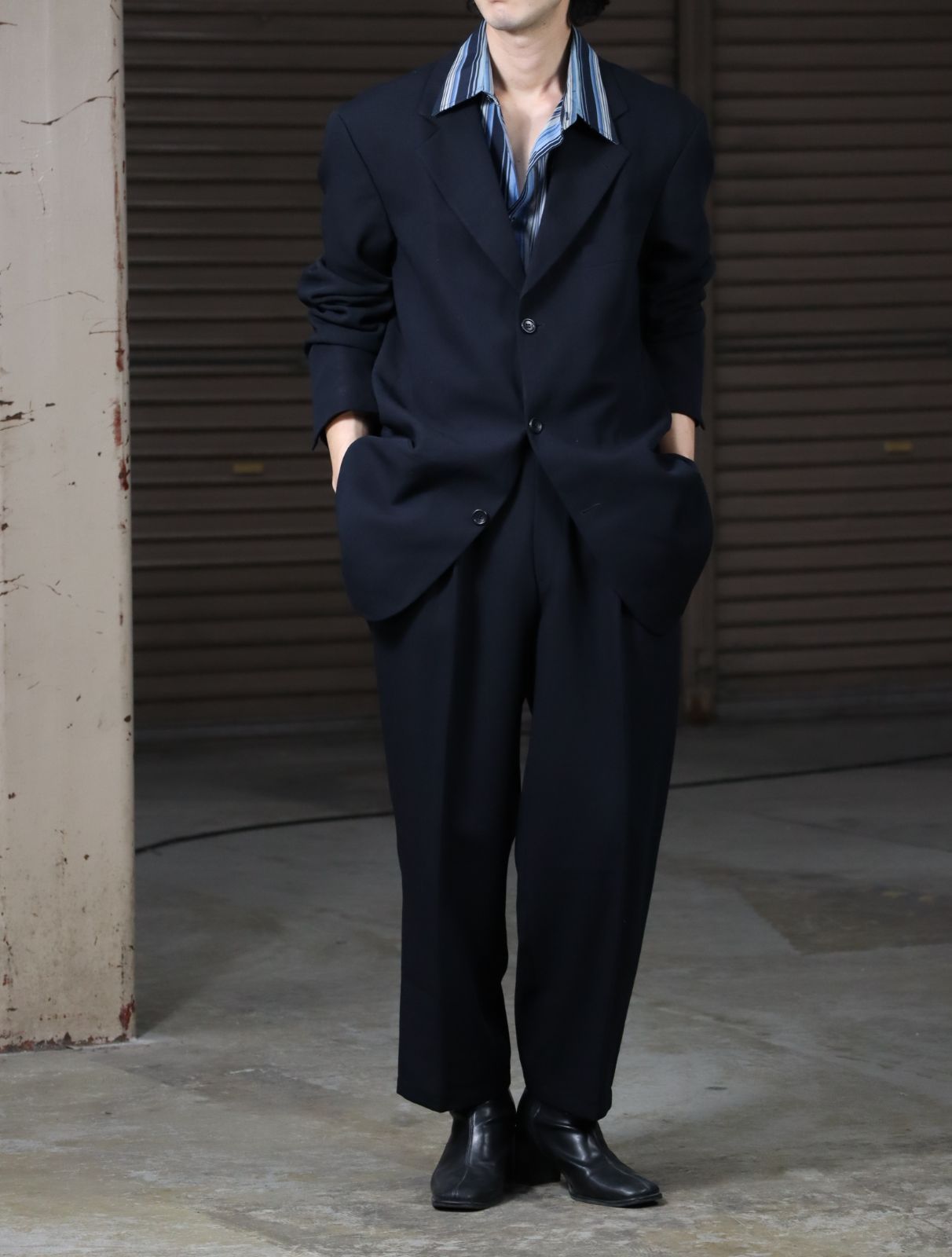HUGO BOSS 2pieces set up, jacquard stripe tailored jacket × 2tuck slacks ヒューゴボス ジャガードストライプ 2ピース セットアップ テーラードジャケット 2タックスラックス スーツ 濃紺