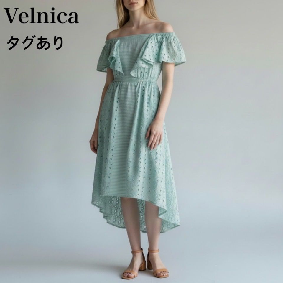 ヴェルニカ Velnica 神崎恵さんコラボ インド綿 ワンピース ドレス オフショルダー フリル フィッシュテール アシンメトリー ロング マキシ フレア 総レース パンチングレース ミントグリーン Fサイズ リゾート デート 限定色 タグ付 極美品