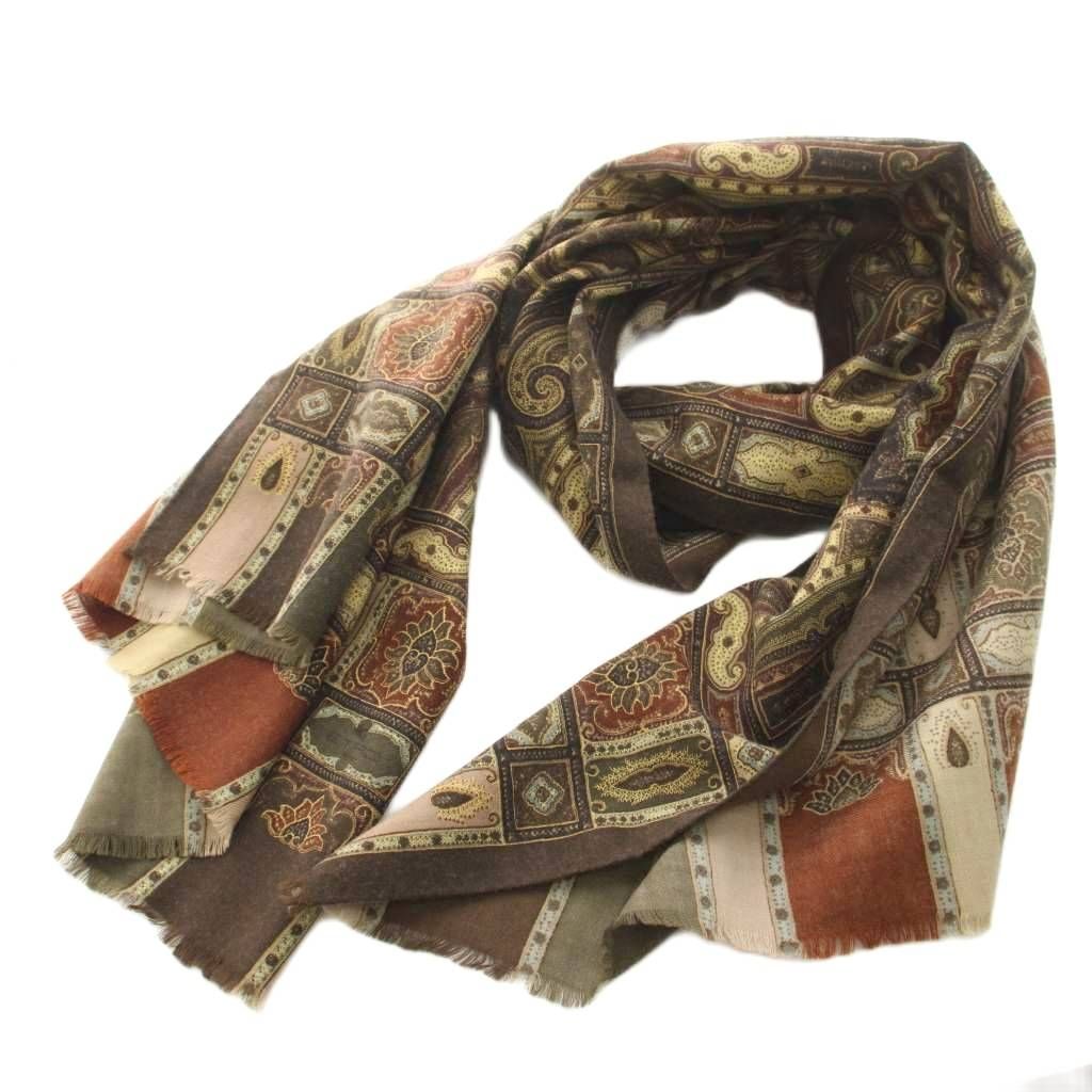 【ETRO】　エトロ大判ストール　明るめ茶系ペイズリー柄 エトロETRO ペイズリー柄大判スカーフ 茶他 (K-144878)