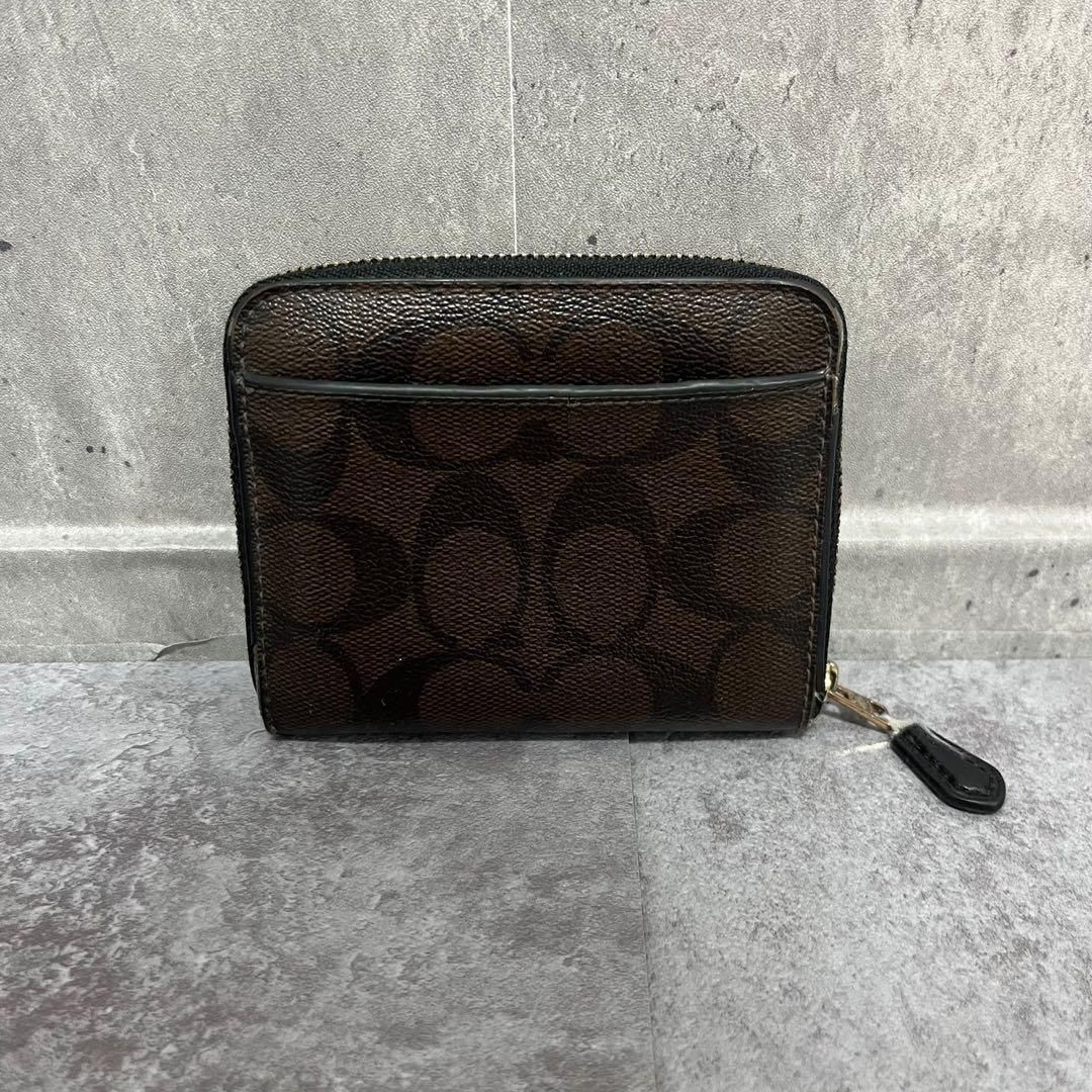美品 コーチ COACH 二つ折り財布 シグネチャー ブラウン ブラック COACH】コーチ シグネチャー柄二つ折り財布 コンパクトジップ