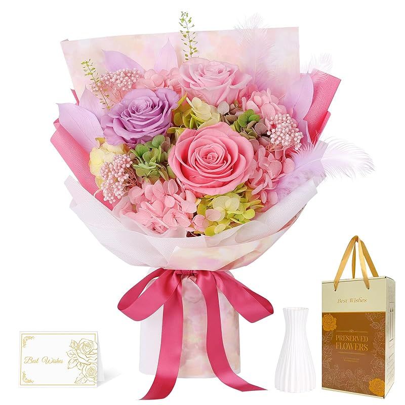 【新品】 プリザーブドフラワー 花束 母の日 3本薔薇 ピンクとパープル 香りあり 花瓶付き 枯れない花 誕生日 記念日 女性 人気 プレゼント 卒業式 お祝い ブーケ 敬老の日 ギフト 1