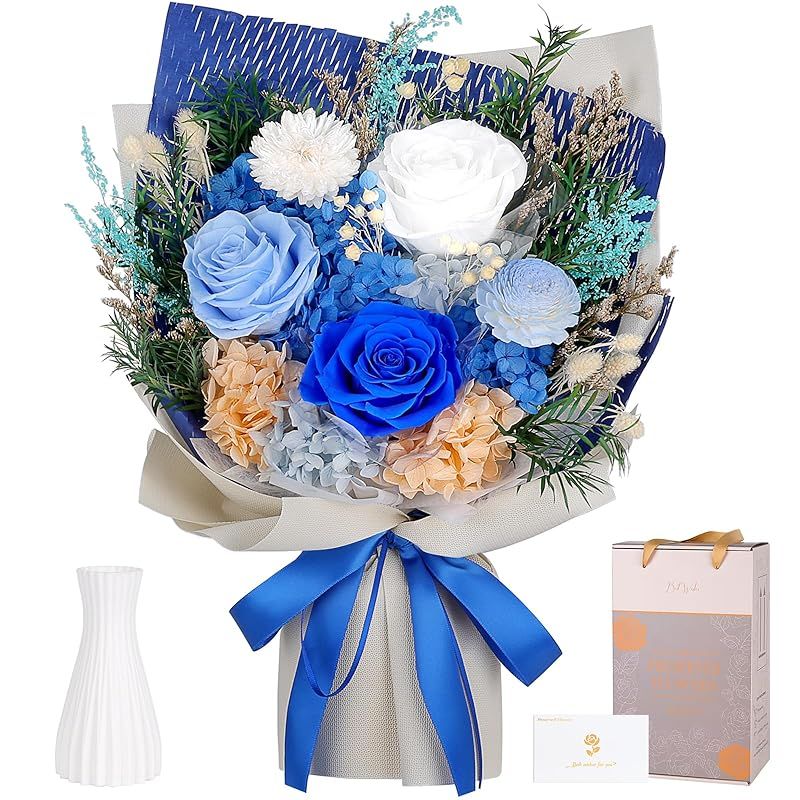 【新品】 プリザーブドフラワー 花束 母の日 青と白 バラ 香りあり 花瓶付き 枯れない花 誕生日 記念日 女性 男性 人気 プレゼント 卒業式 お祝い 人気 ブーケ 父の日 敬老の日 ギフト 1