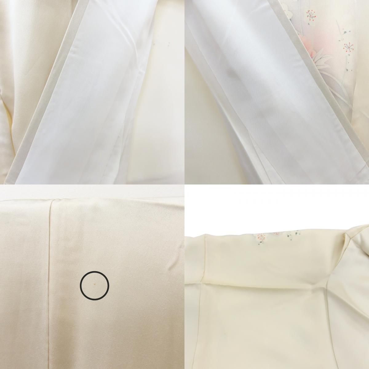 中古】 訪問着・付下 正絹 クリーム系 グレー 花に鳥 和装 呉服 和服