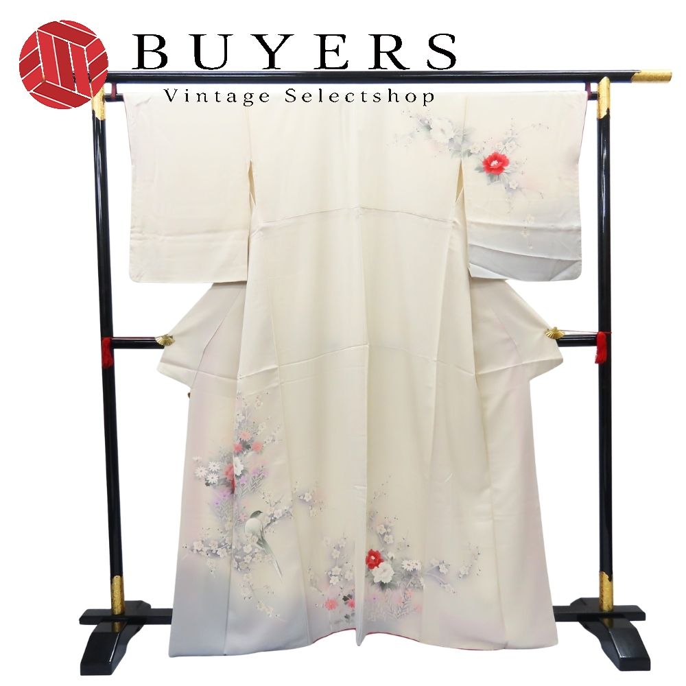 【中古】 訪問着・付下 正絹 クリーム系 グレー 花に鳥 和装 呉服 和服 きもの レディース 女性 中古】 訪問着・付下 正絹 クリーム系 グレー 花に鳥 和装 呉服 和服