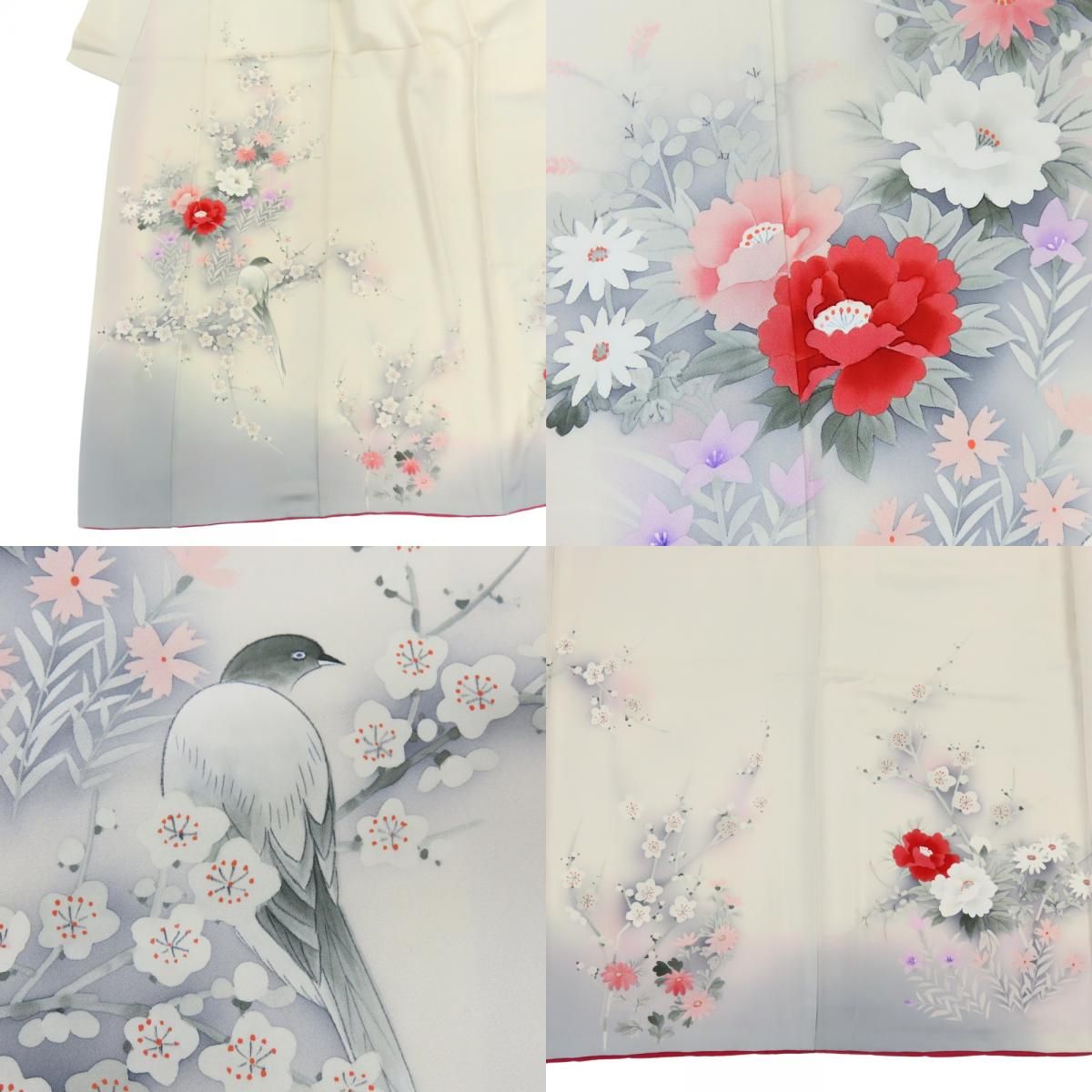 【中古】 訪問着・付下 正絹 クリーム系 グレー 花に鳥 和装 呉服 和服 きもの レディース 女性 中古】 訪問着・付下 正絹 クリーム系 グレー 花に鳥 和装 呉服 和服