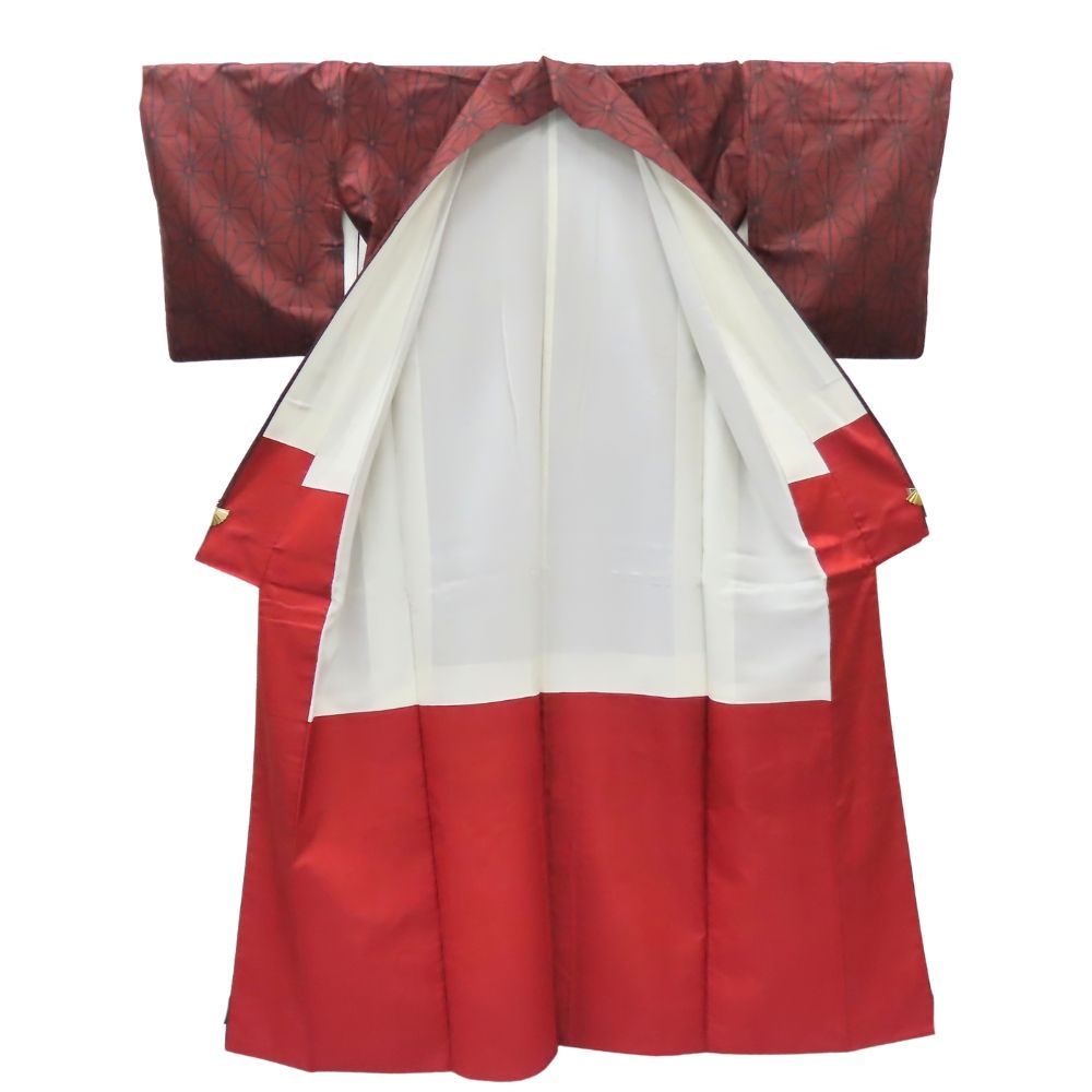 【中古】 紬 正絹 レッド ブラック 村山大島 麻の葉模様 モダン 和装 呉服 和服 きもの レディース 女性 中古】 紬 正絹 レッド ブラック 村山大島 麻の葉模様 モダン 和装
