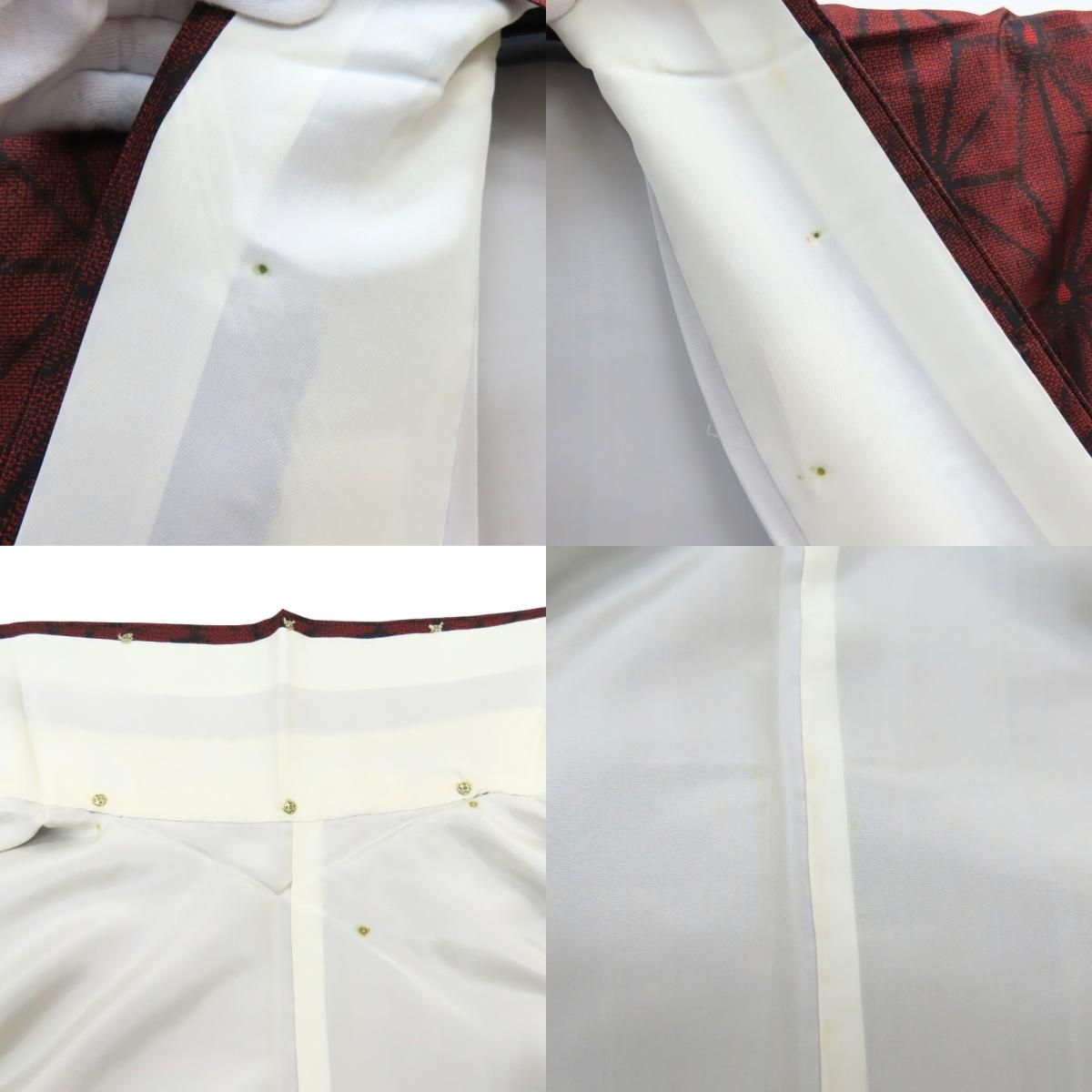 中古】 紬 正絹 レッド ブラック 村山大島 麻の葉模様 モダン 和装