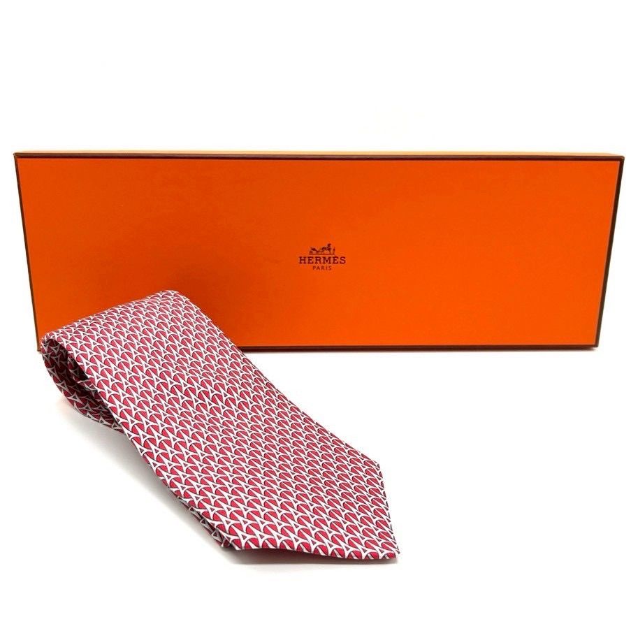 小物 未使用 HERMES エルメス ネクタイ シルク 総柄 ルージュ レッド